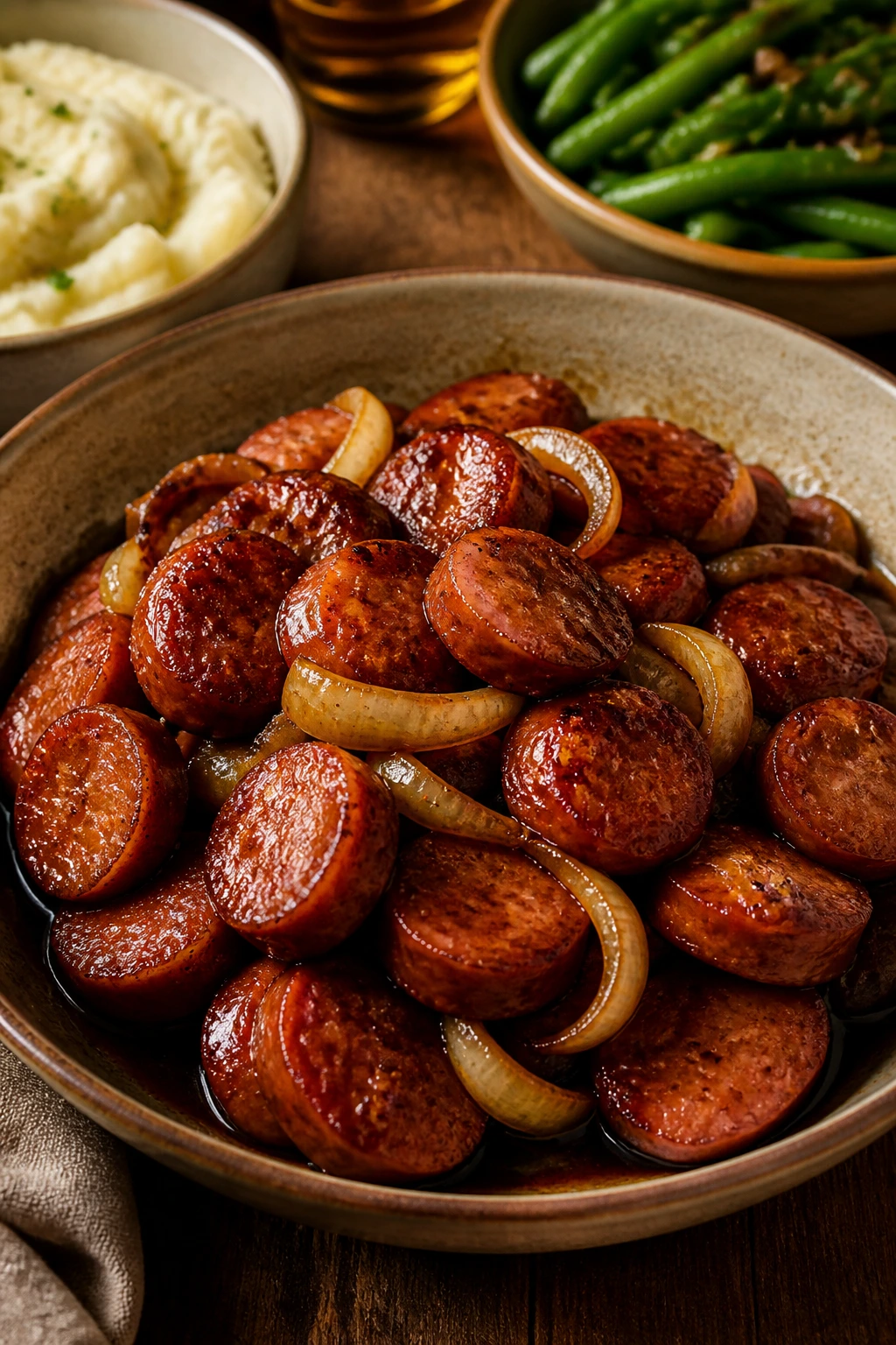 Close-up of glazed smoked sausage serving in a warm shallow bowl with onions in a home kitchen