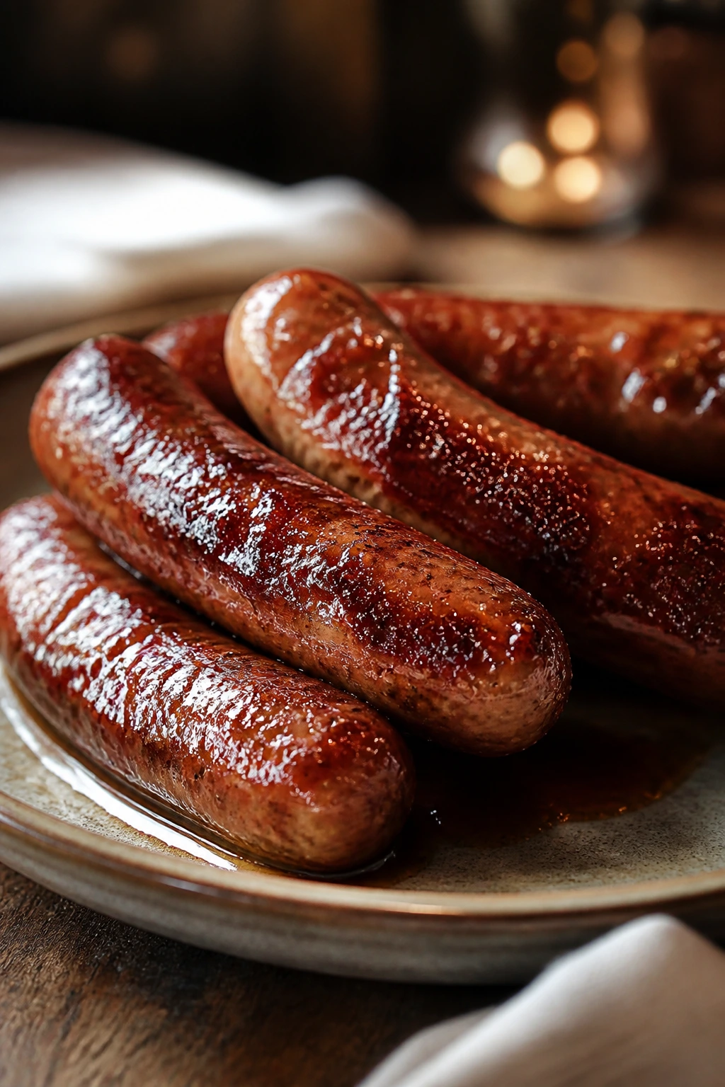 Glossy glazed sausage served in a warm shallow bowl with subtle garnish