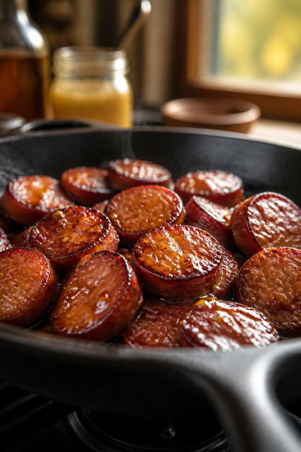 Close-up of glazed smoked sausage coins in skillet with amber maple glaze