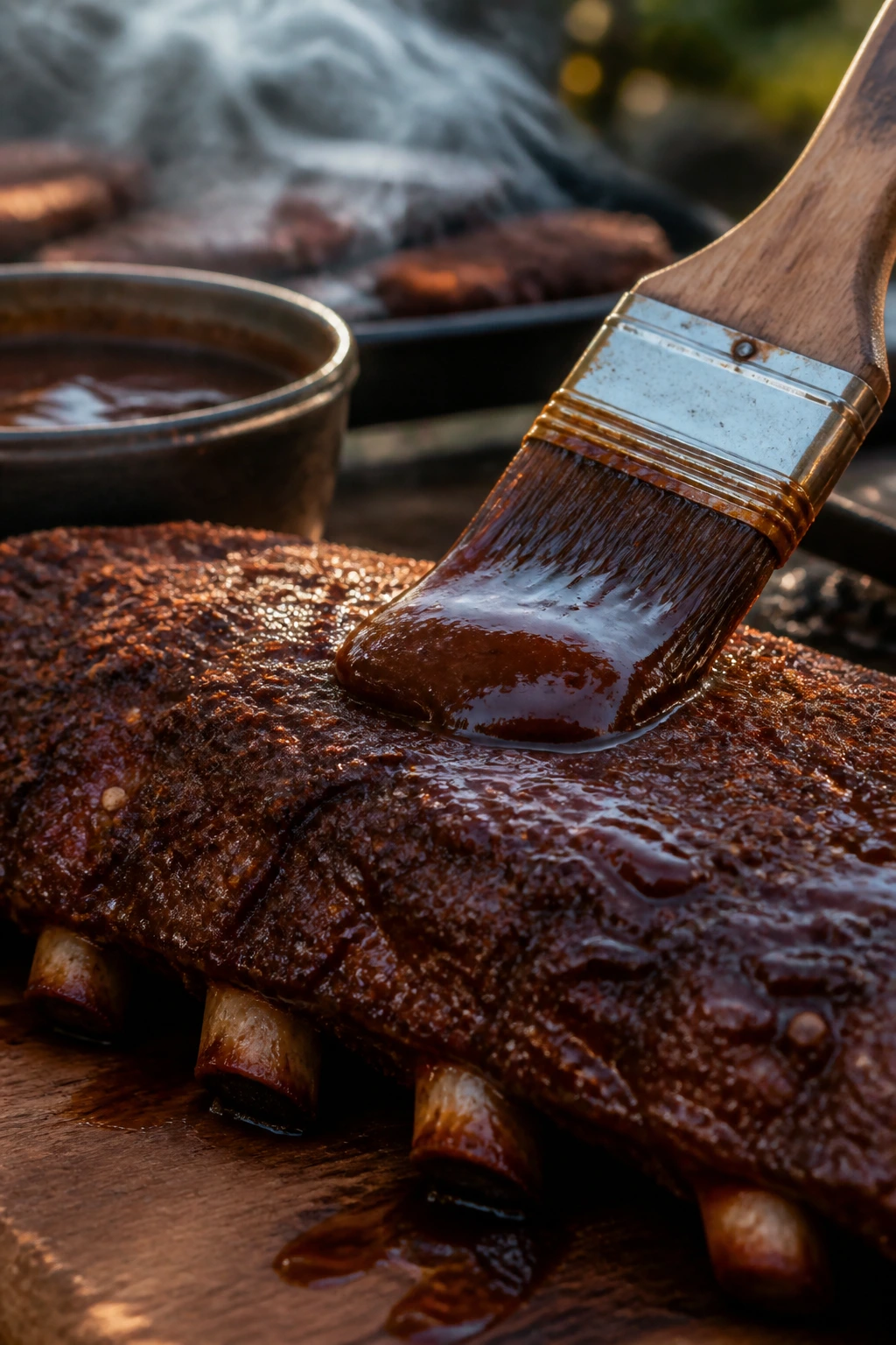 Glossy glaze brushed onto a grilled rib with rub crust