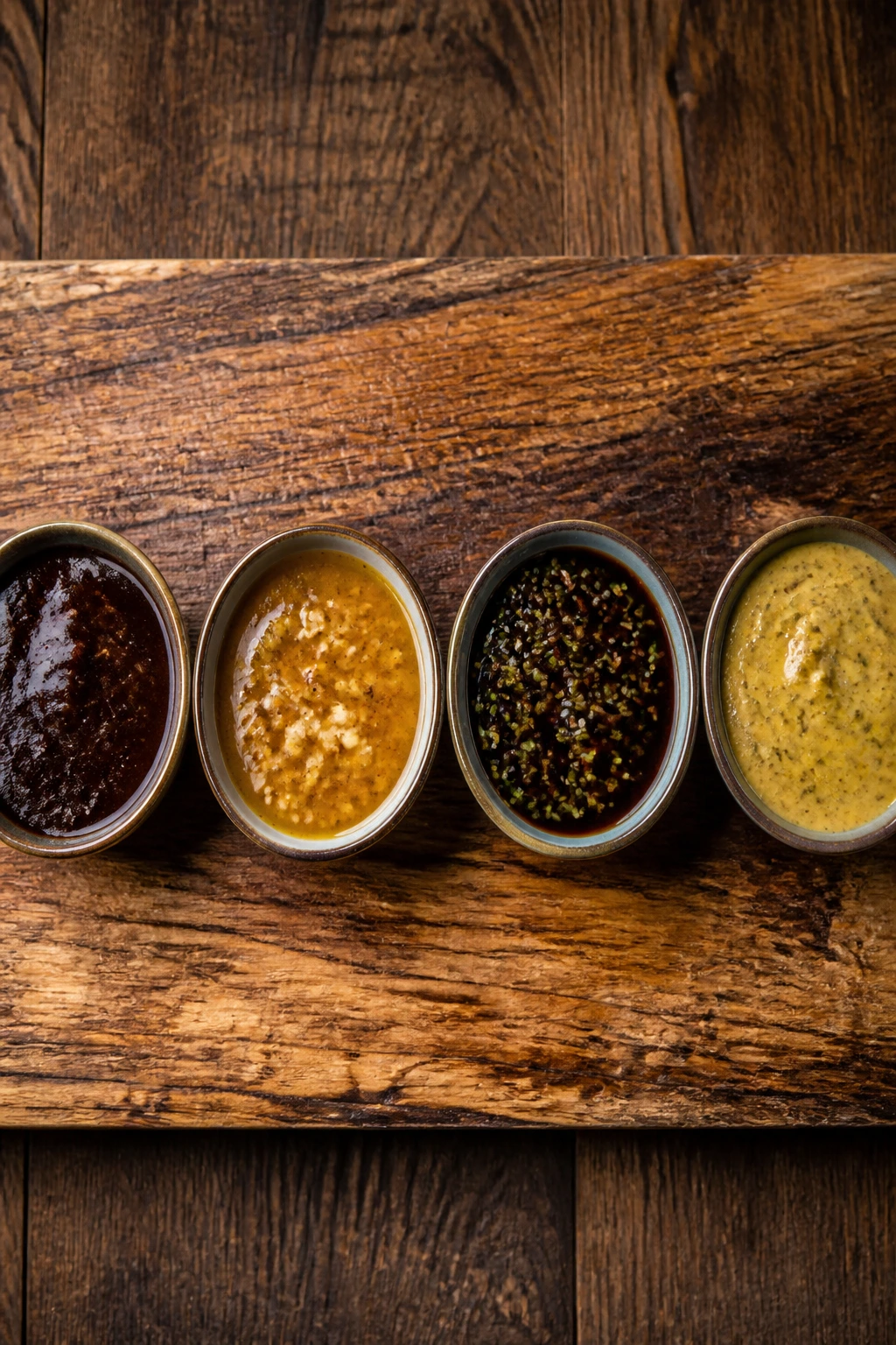 Four sauce bowls with different glazes on a wooden board