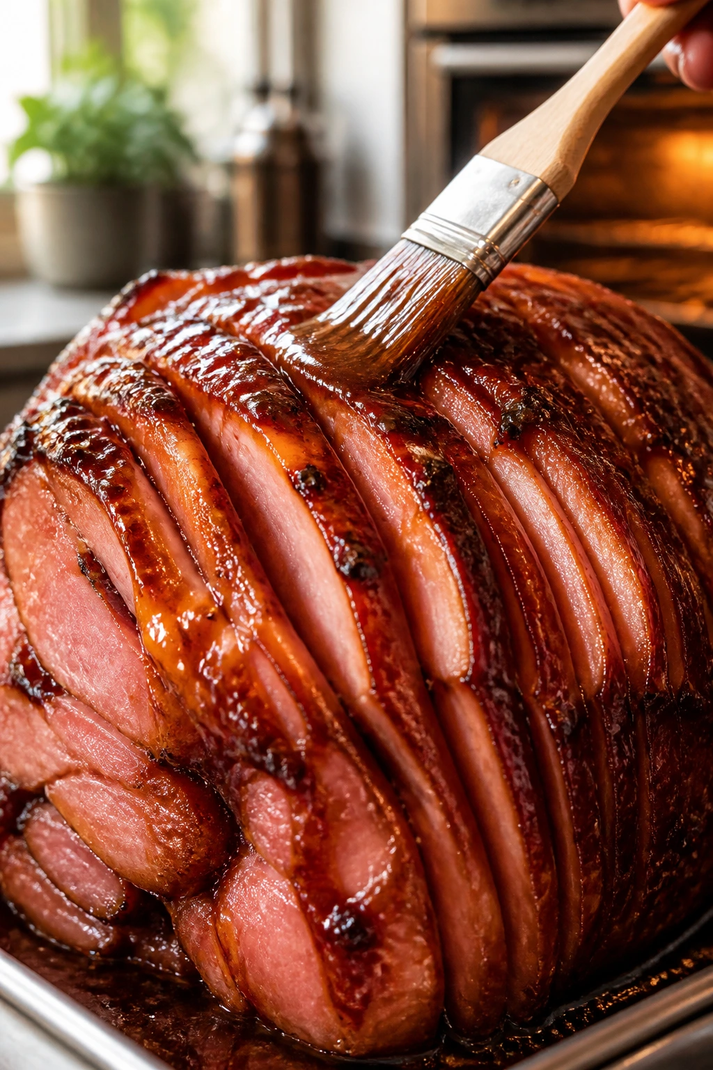 Close-up of spiral-cut ham with glaze in final minutes in warm kitchen