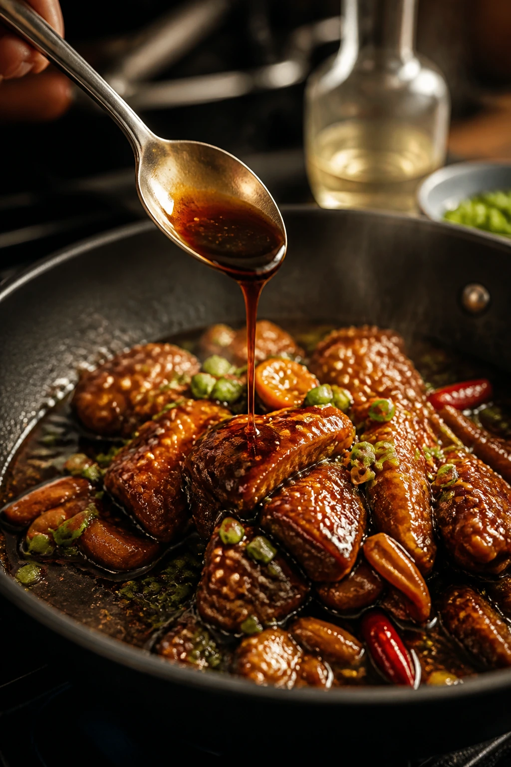 Glossy glaze finishing on braised dish with a dash of vinegar