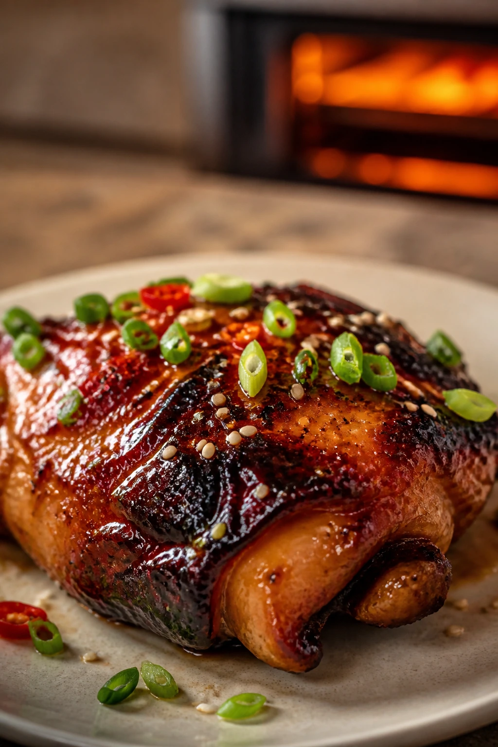 Close-up of lacquered glazed chicken thigh with crispy edges on a plate