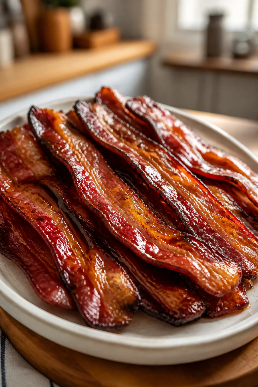 Warm platter of glossy glazed bacon arranged in loose rows