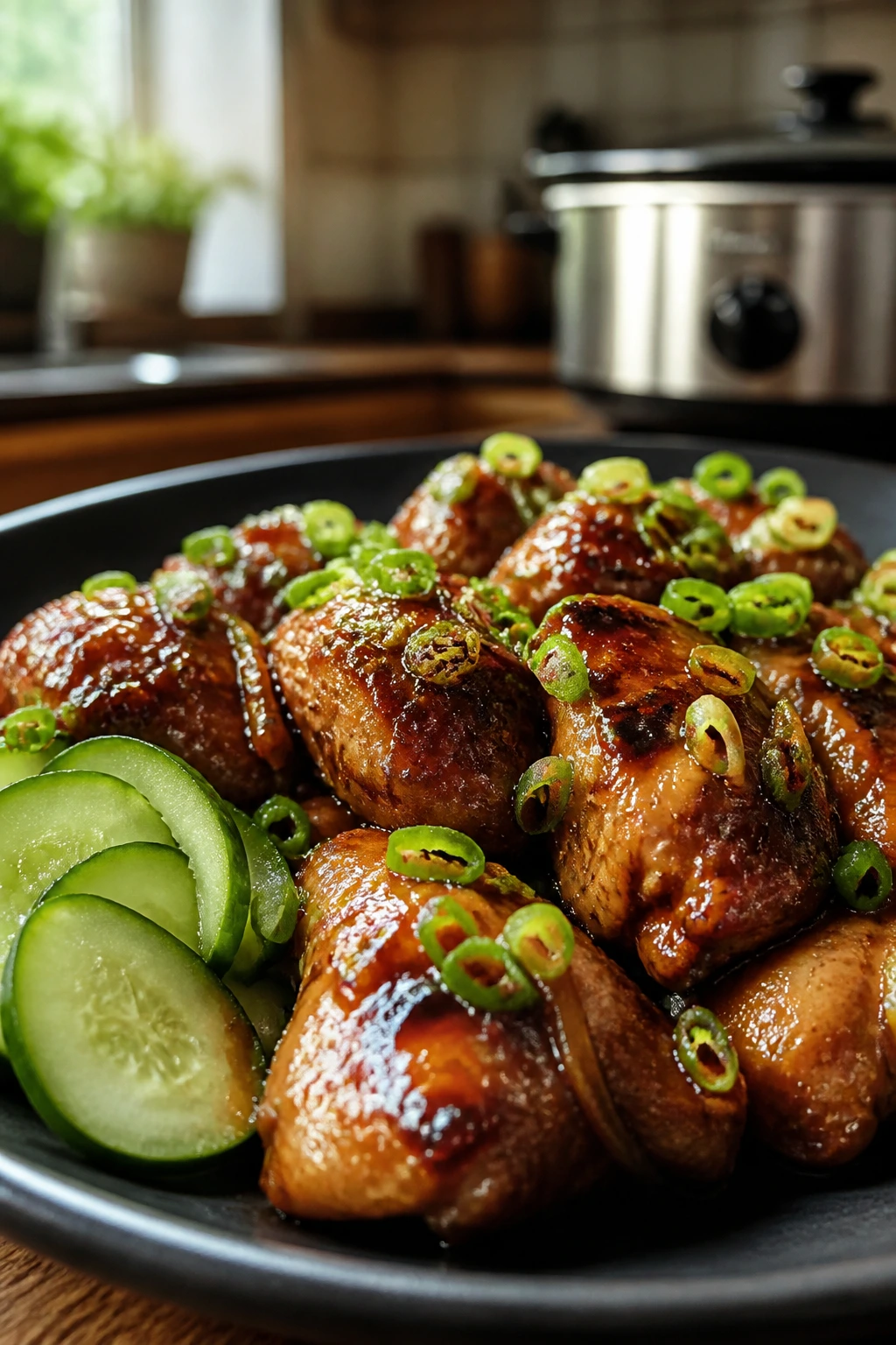 Close-up of glossy soy-braised chicken with green onions and cucumber on a dark plate
