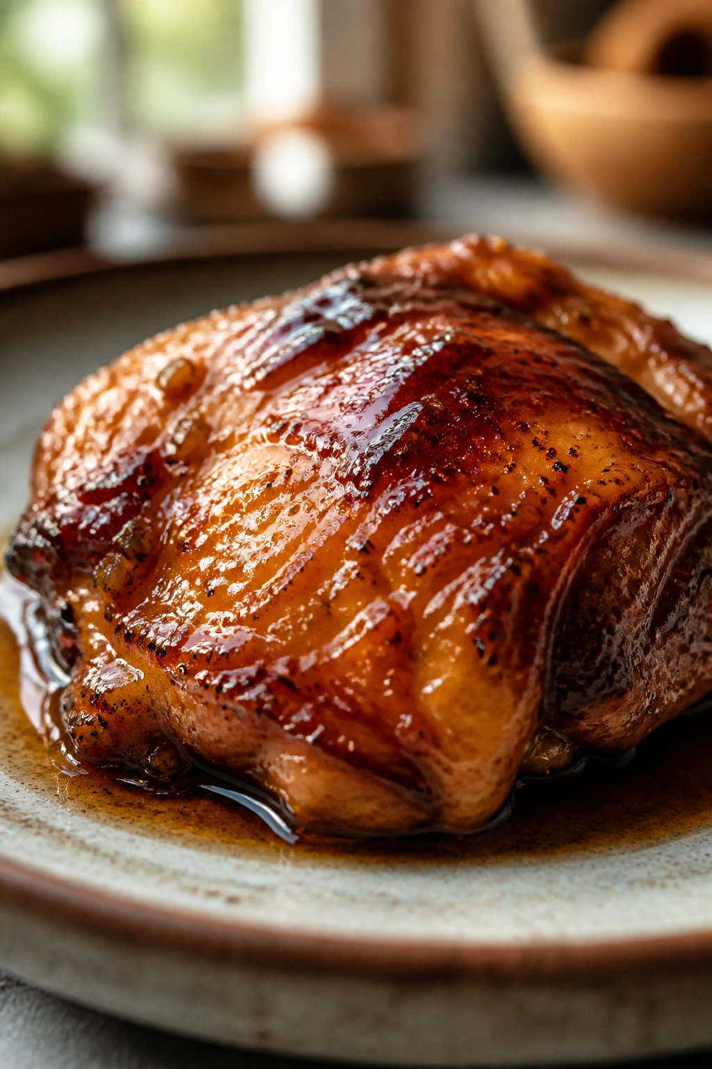 Close-up of glossy lacquered chicken thigh on rustic plate in warm kitchen