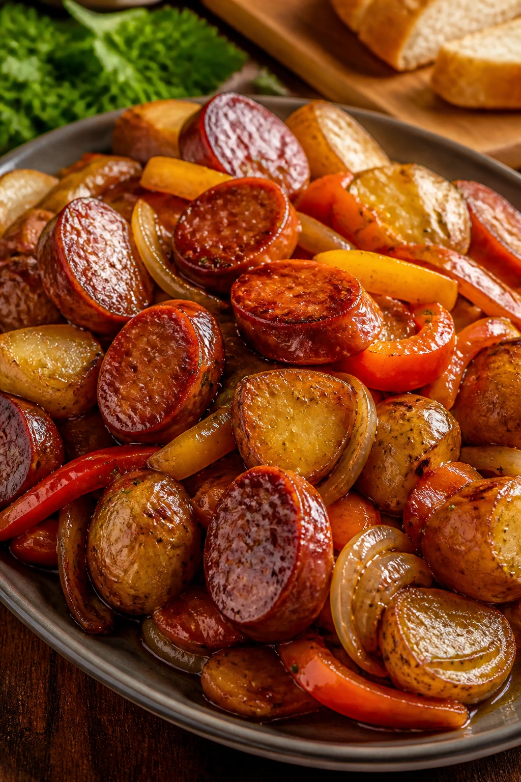Close-up of hot dish with sausage potatoes onions peppers on a warmed platter with glaze