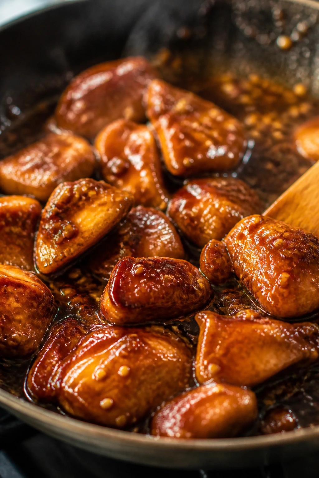 Glossy thick sauce glaze coating chicken in a pan