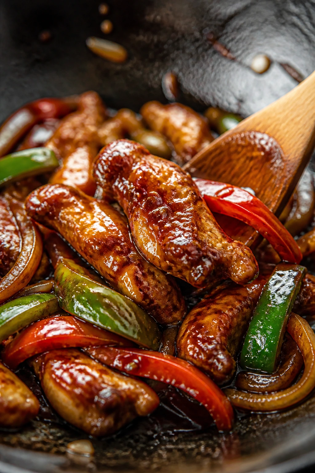Glossy glaze coating stir-fry in a wok close-up