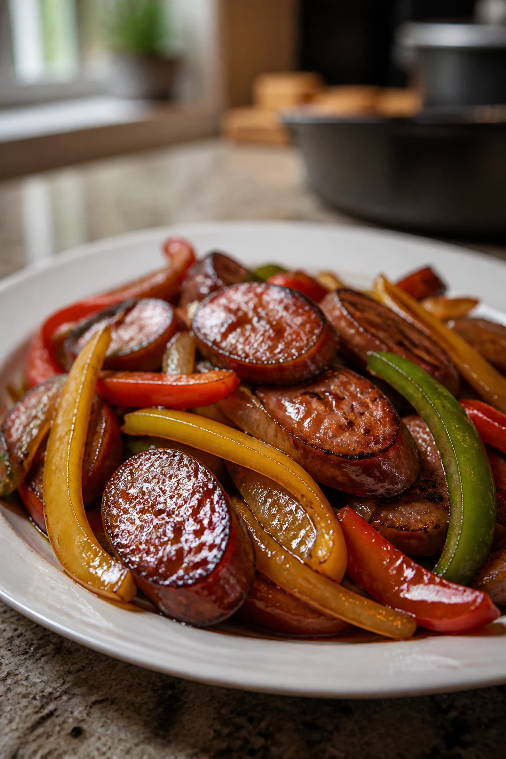 Plate of sausage with peppers and glossy glaze