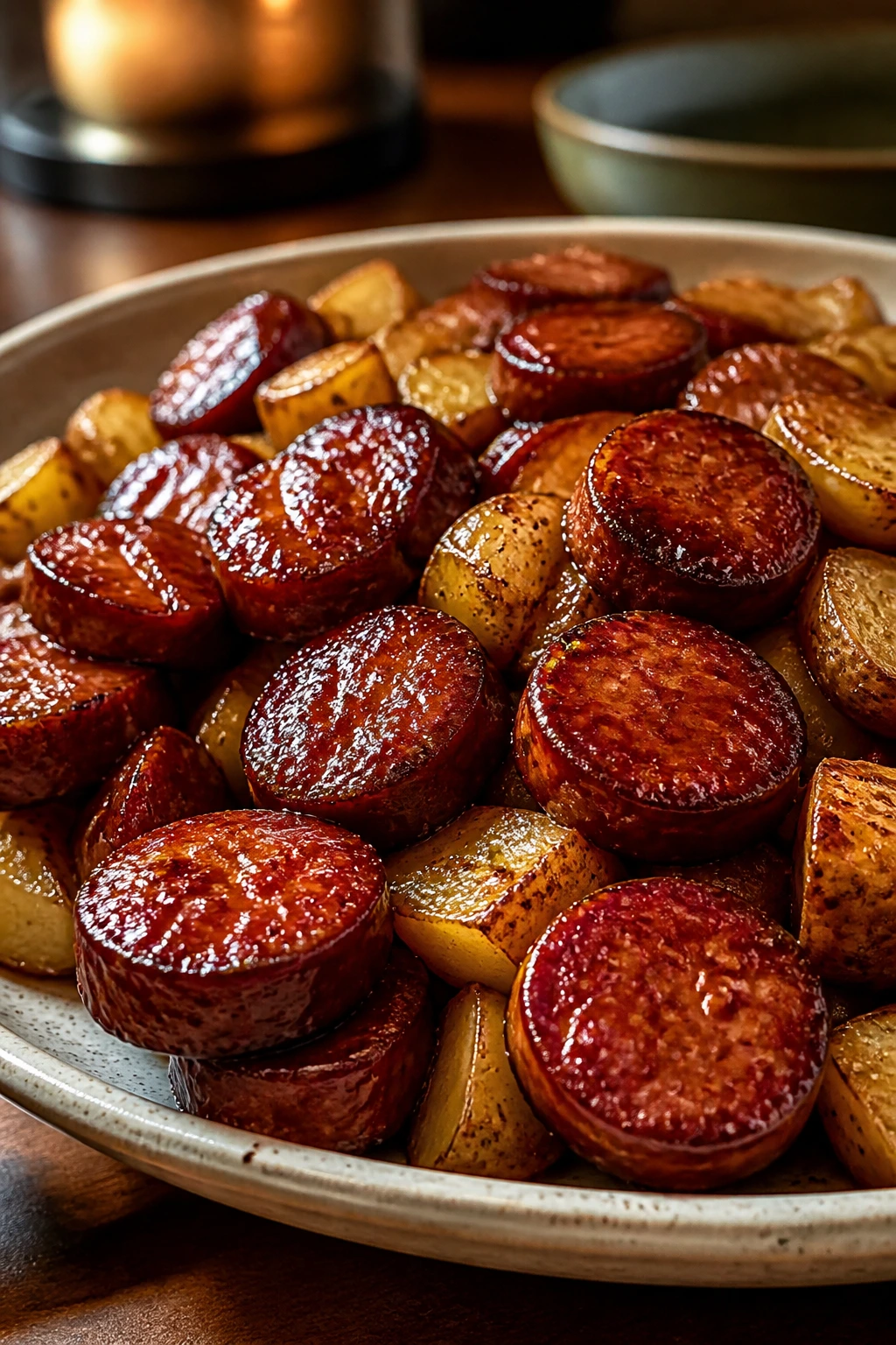 Plate with glossy glazed sausage and potatoes on a rustic platter