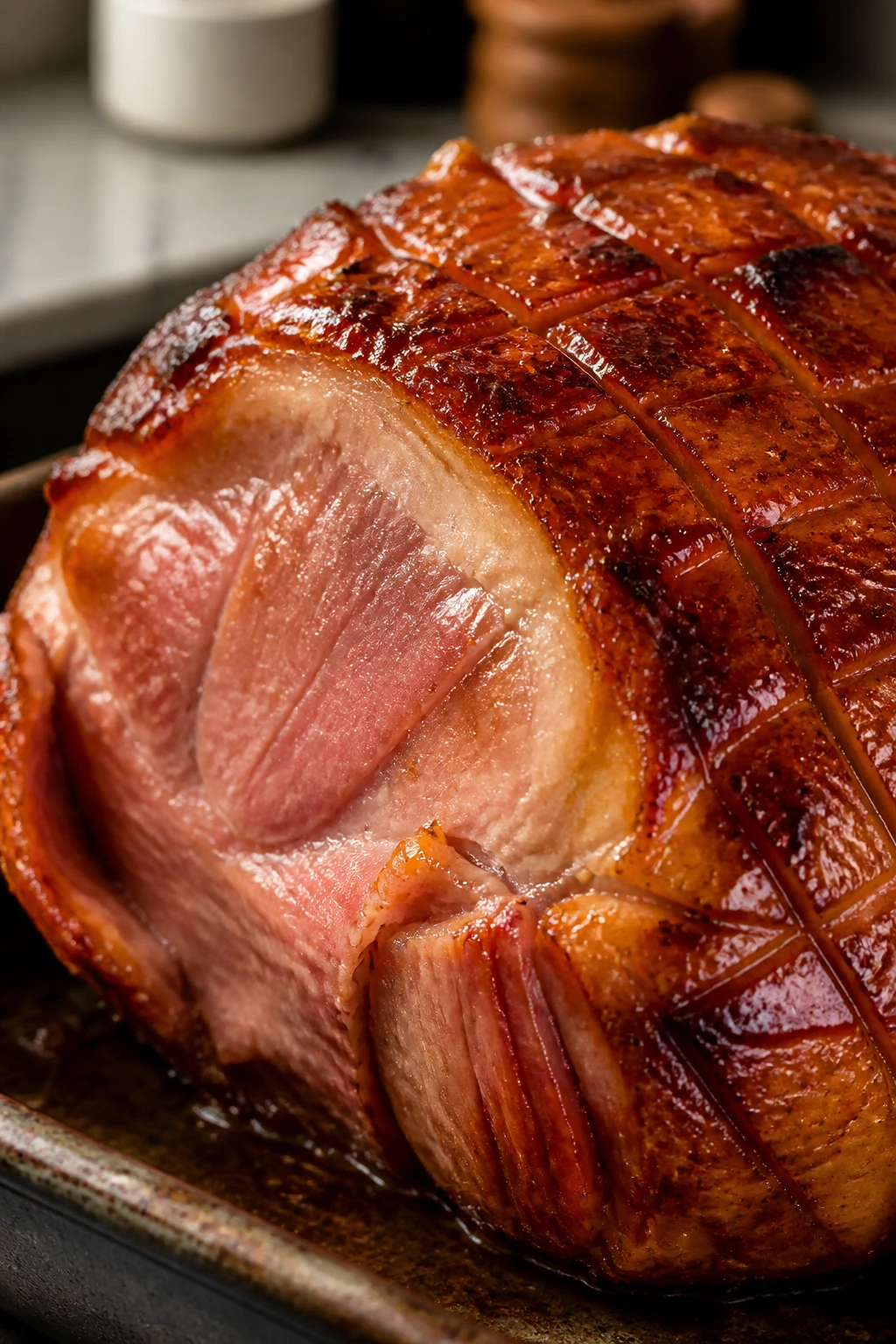 Glossy glazed ham filling the frame in a warm kitchen