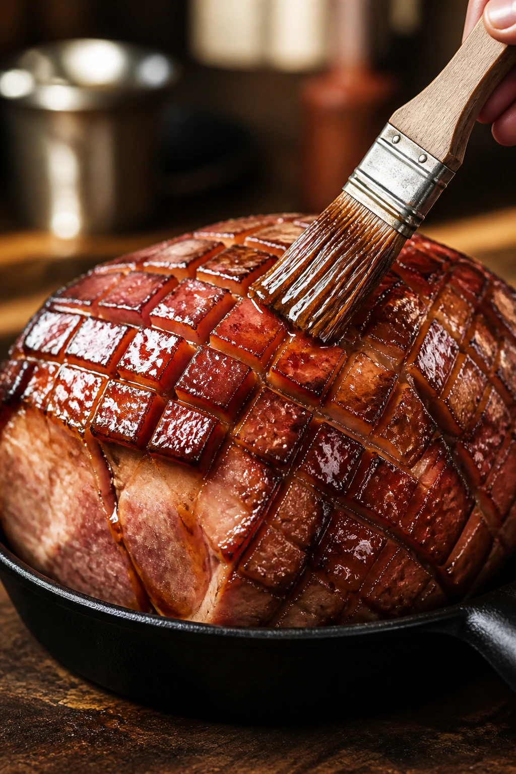Close-up of shiny glazed ham surface in warm kitchen