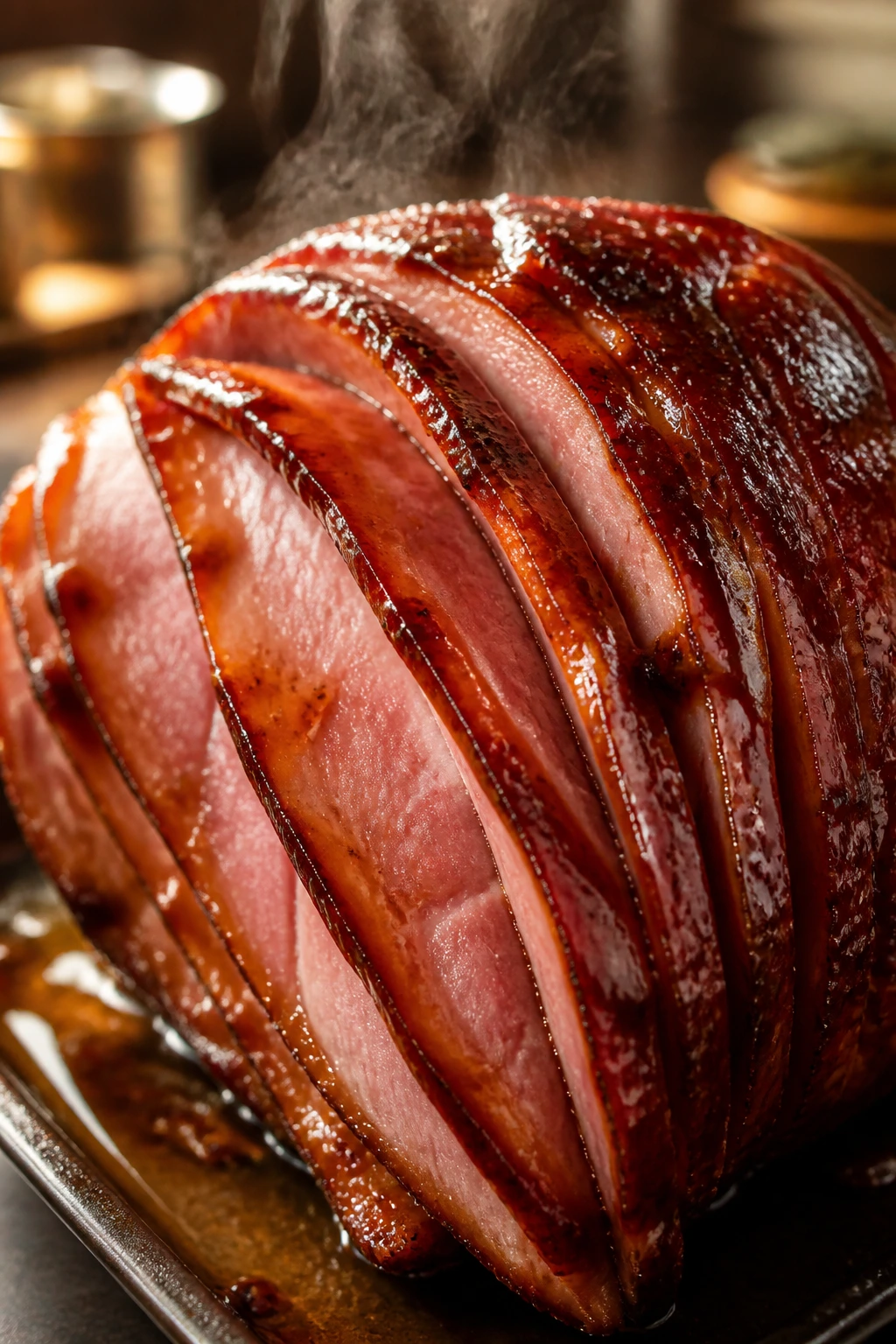Close-up of a juicy glazed ham with a shiny surface