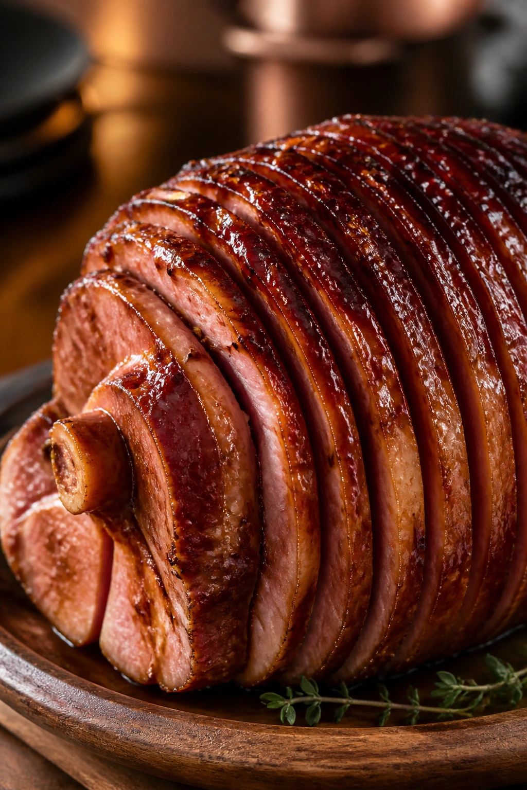 Close-up of glossy glazed ham with caramelized edges on a wooden platter in a warm kitchen