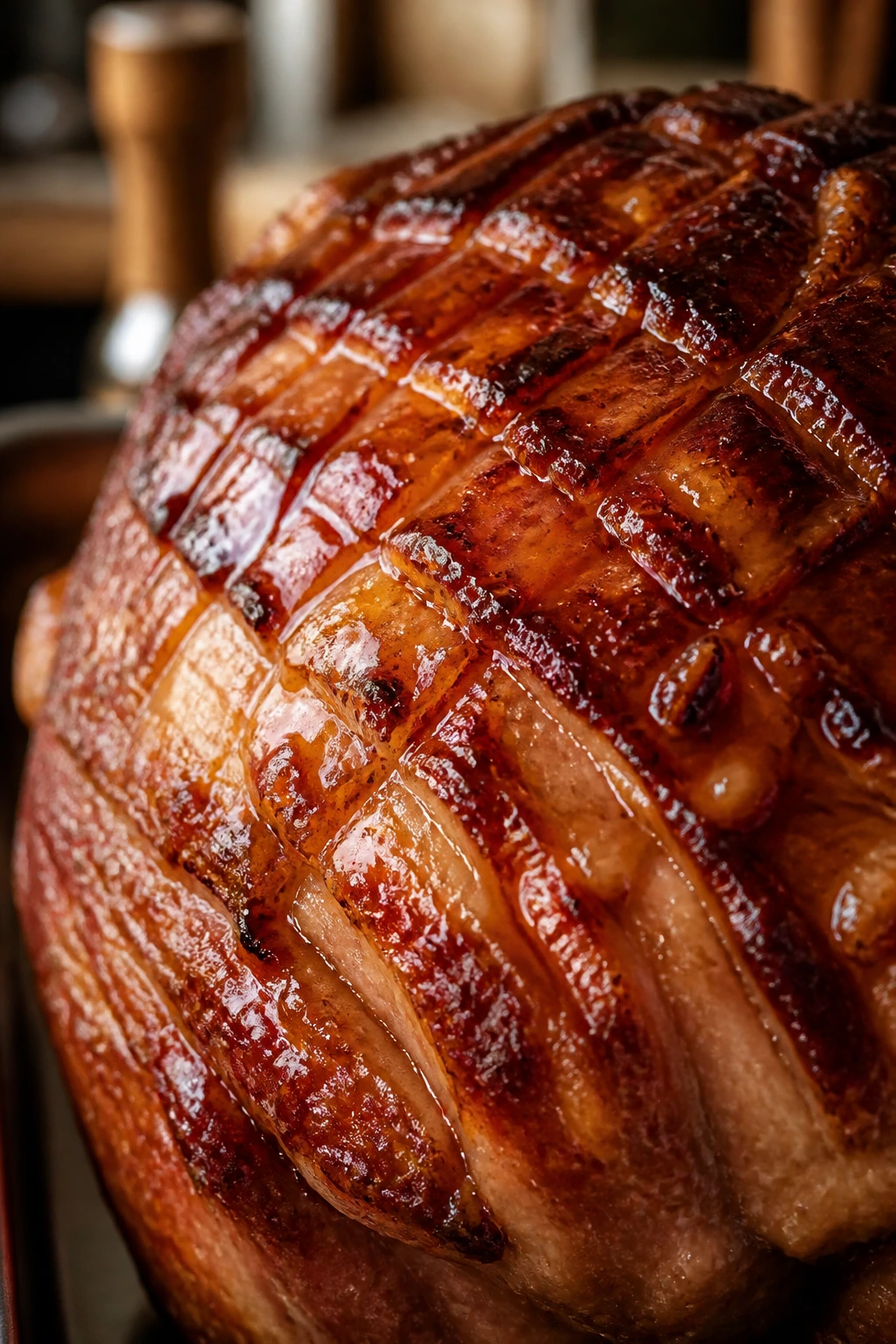 Close-up of lacquered glaze clinging to ham surface in warm kitchen