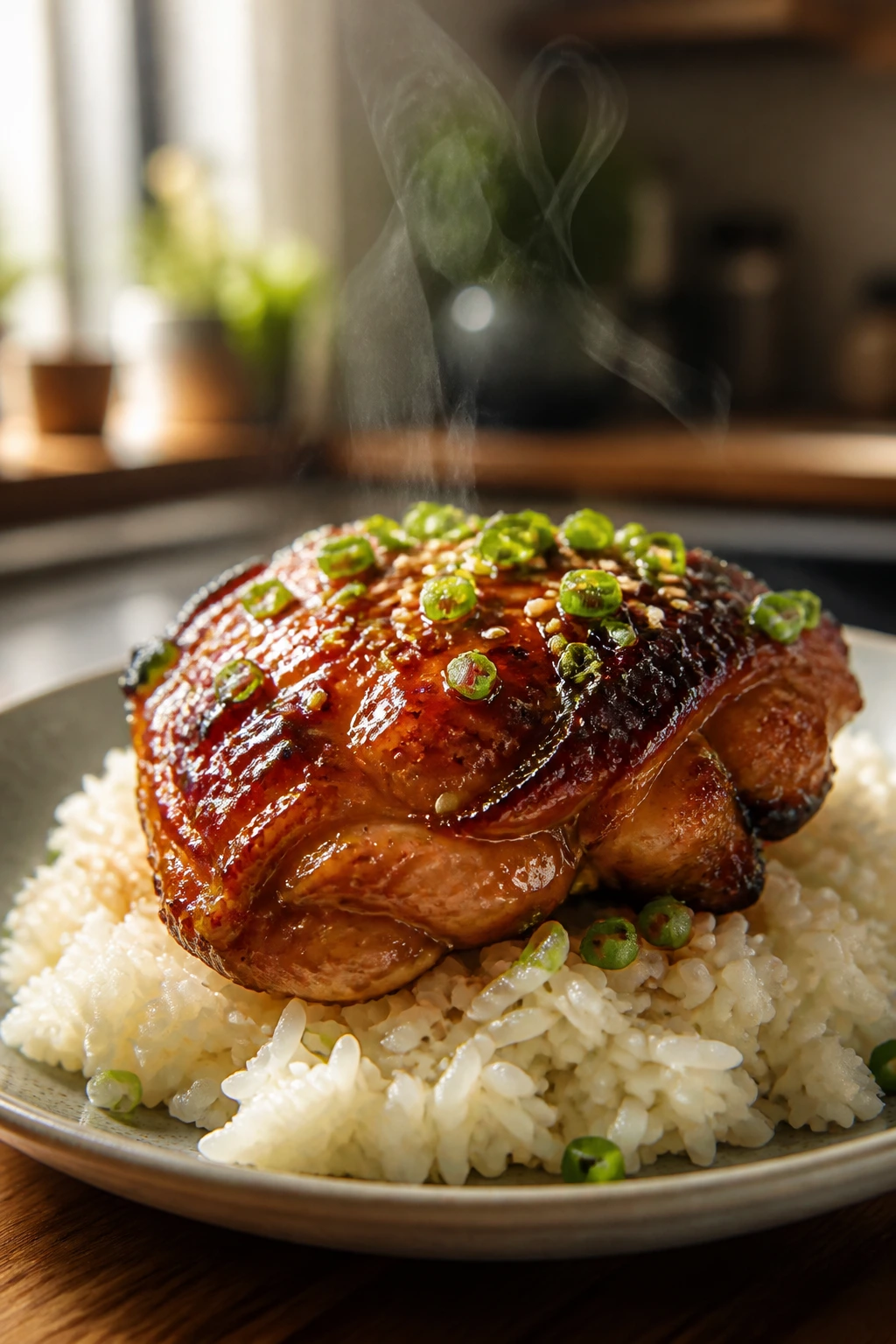 Glossy honey-glazed chicken thigh on jasmine rice with steam in a cozy kitchen