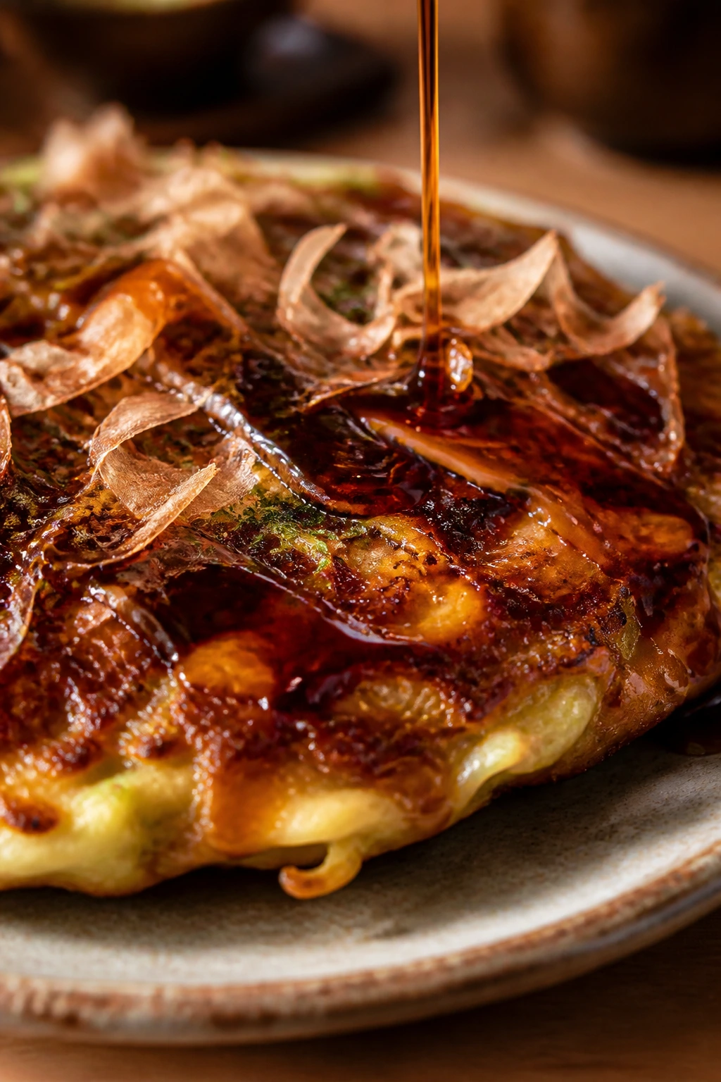 Close-up of glossy sticky Japanese pancake with sauce on a plate in a warm kitchen