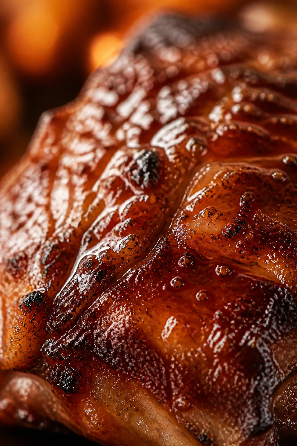 Close-up of glossy finish on pork glaze in a warm kitchen