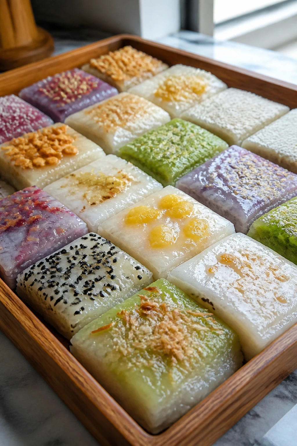 Tray of glossy sticky rice cake slices on a wooden tray with shiny surface and colorful toppings.