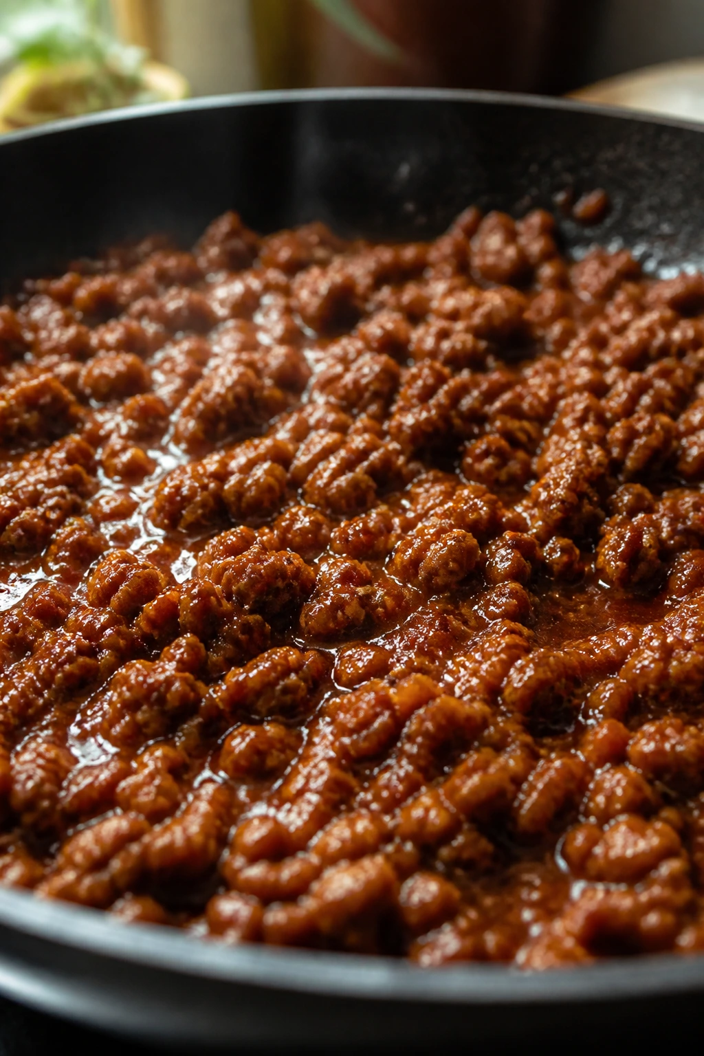 Close-up of glossy sauce clinging to browned ground beef in a skillet