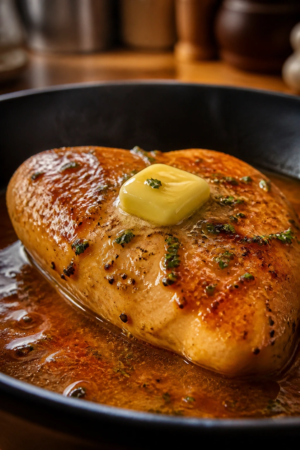 Close-up of juicy chicken breast with glossy pan sauce and melting butter on a plate
