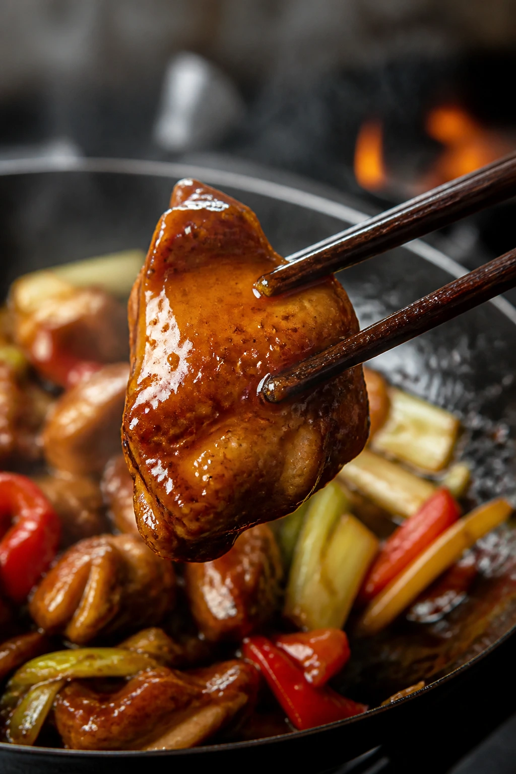 Close-up of glossy sauce coating seared chicken in a hot wok
