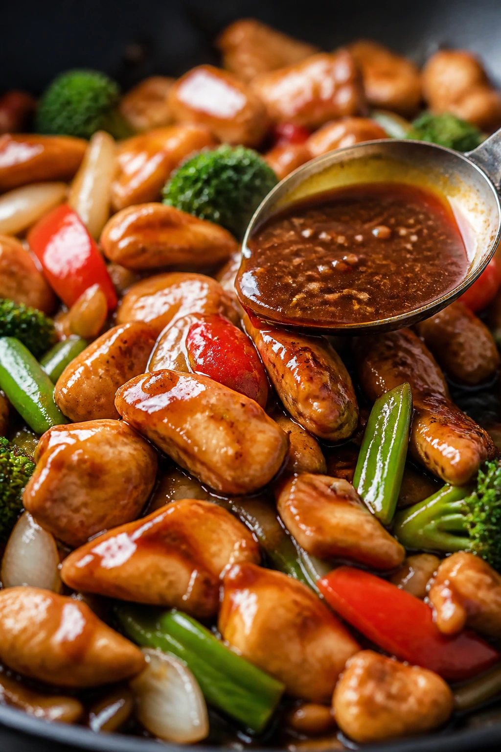 Chicken pieces coated in glossy lacquered sauce