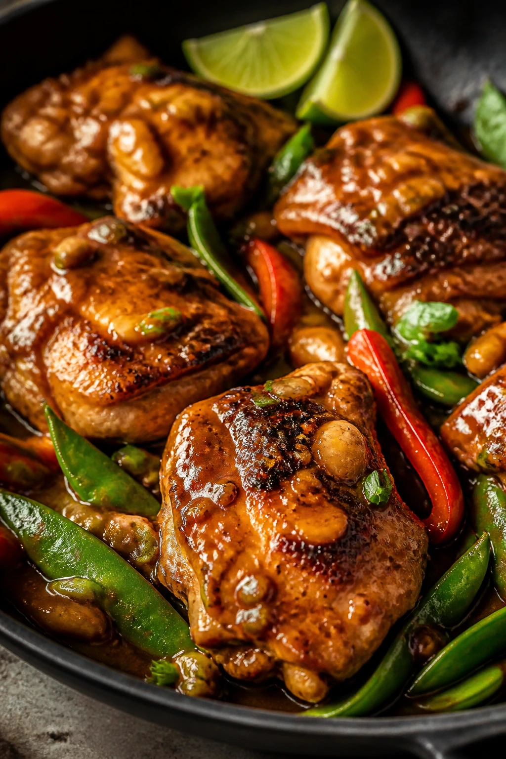 Close-up of browned chicken with glossy peanut sauce and colorful vegetables in a skillet