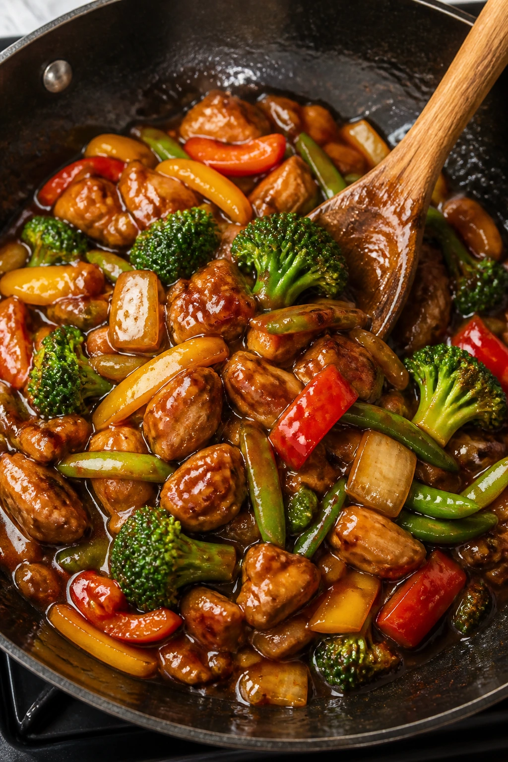 Glossy sauce clinging to stir-fried chicken and vegetables