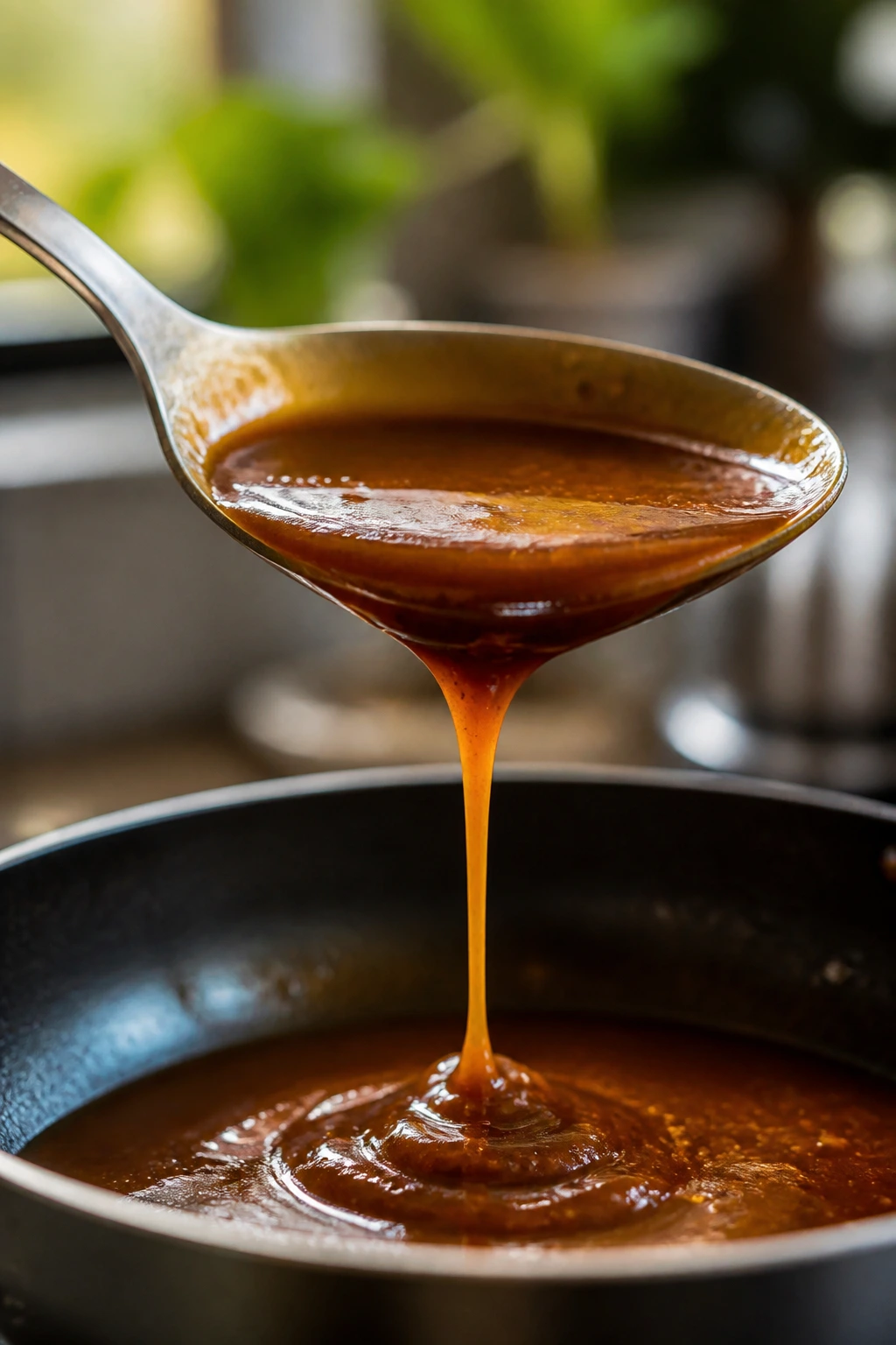 Close-up of glossy amber sauce clinging to a spoon in a warm kitchen.