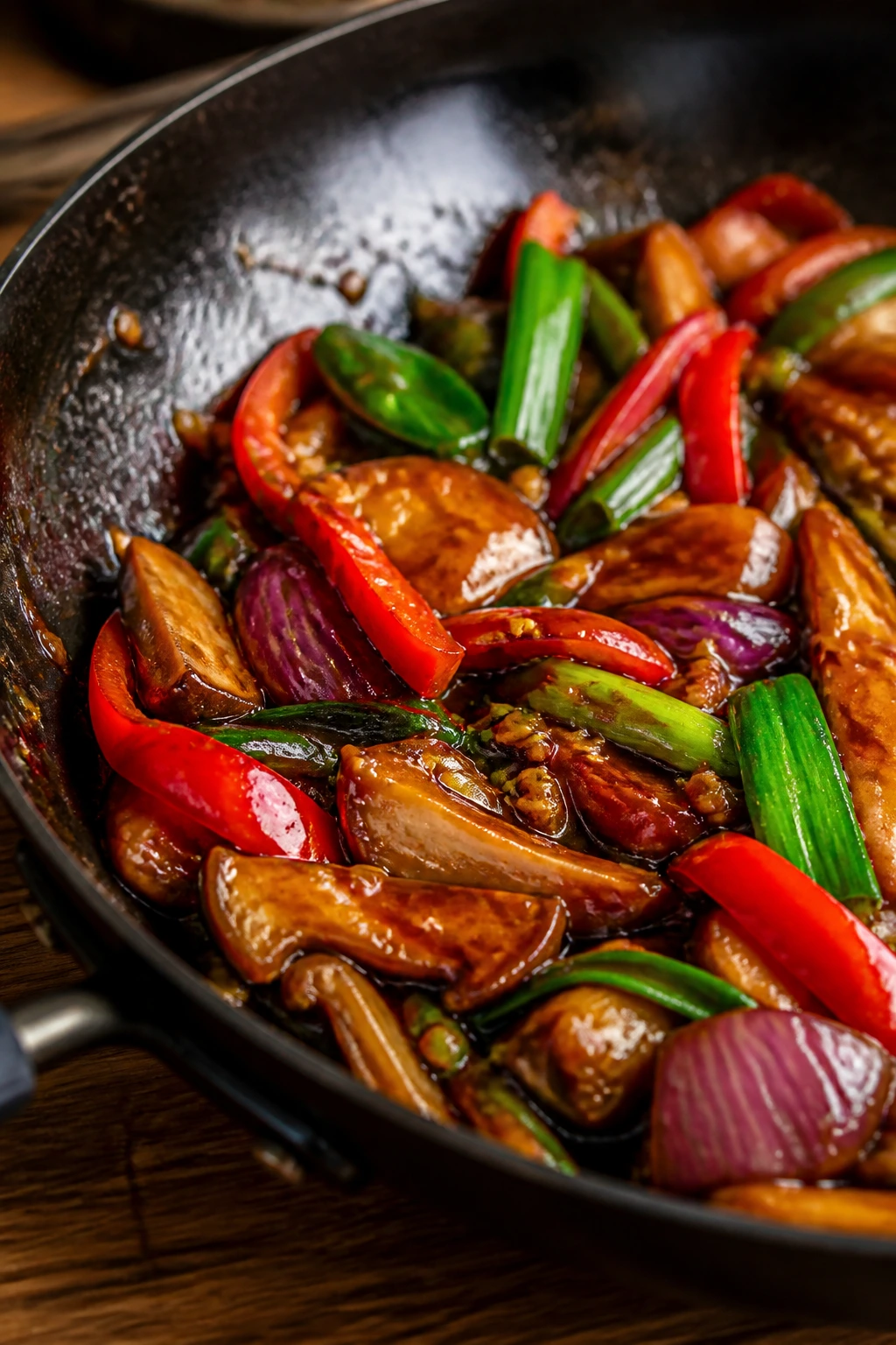 Glossy glaze clinging to vibrant vegetables in a pan.