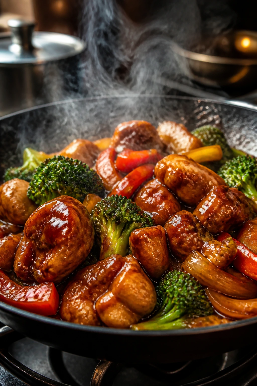 Pan with glossy glaze clinging to chicken and vegetables in a kitchen