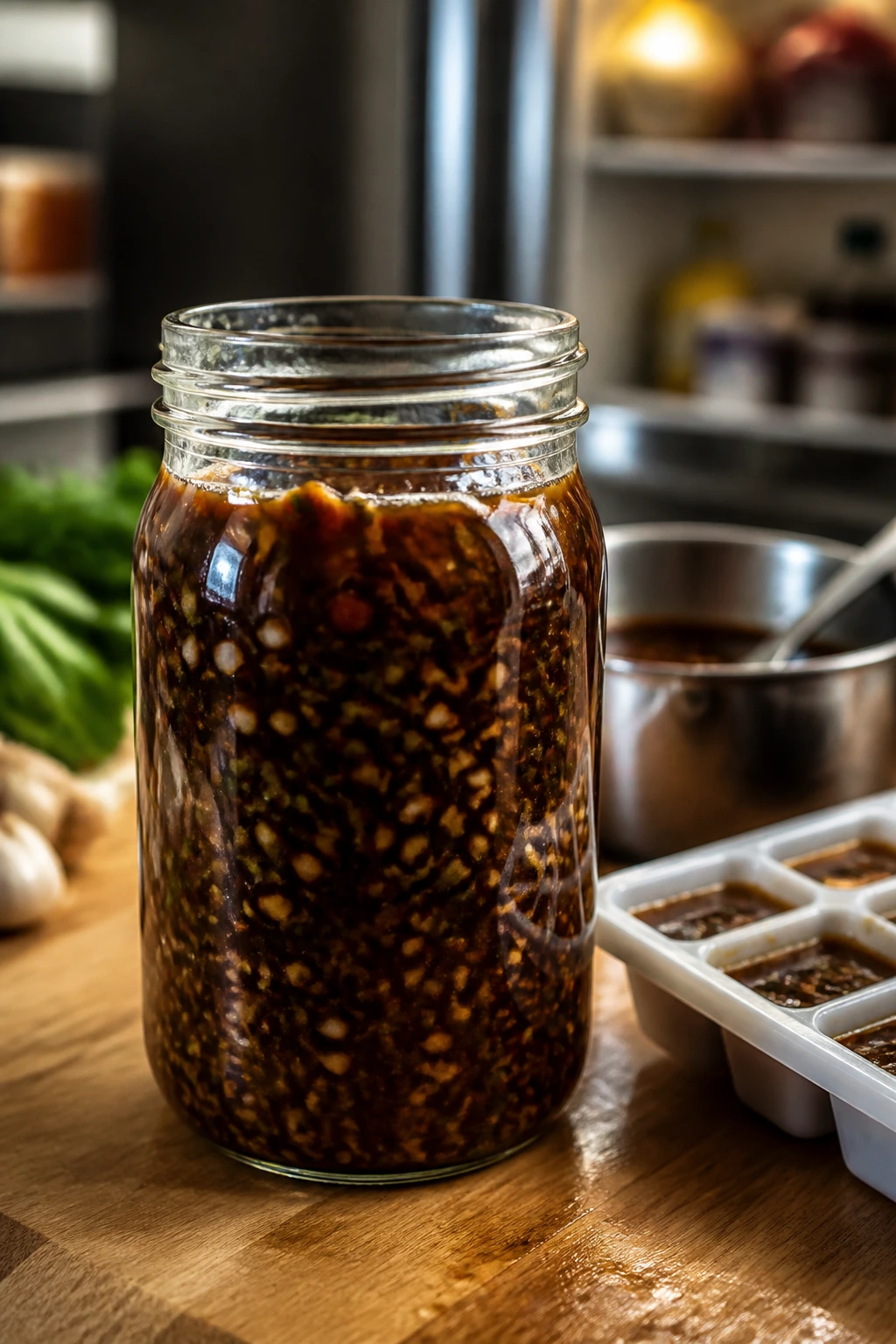 Close-up of glossy Asian sauce jar in fridge-ready storage