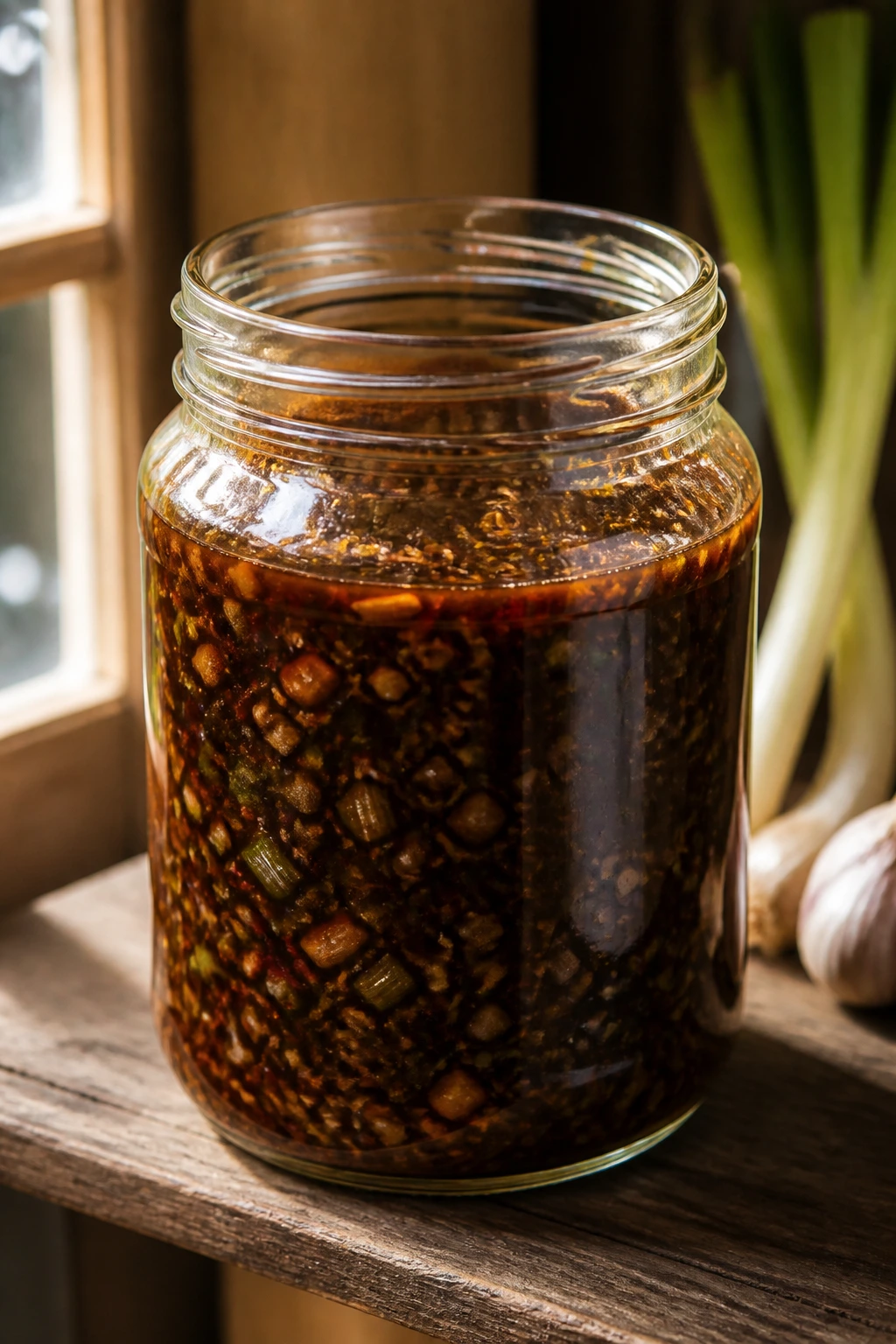 Close-up of glossy sauce jar on pantry shelf