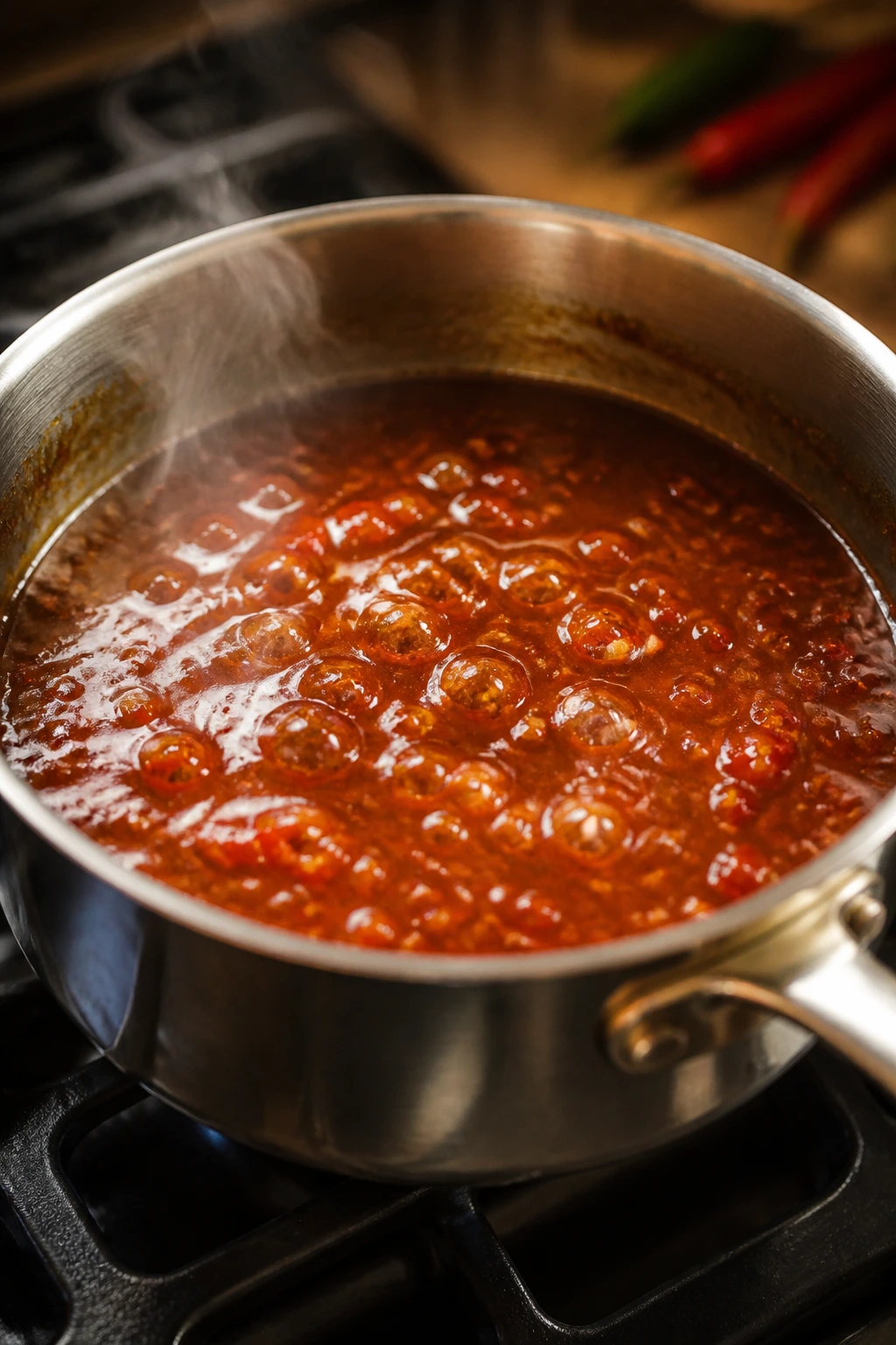 Close-up of a pan with glossy amber sauce simmering on a stove