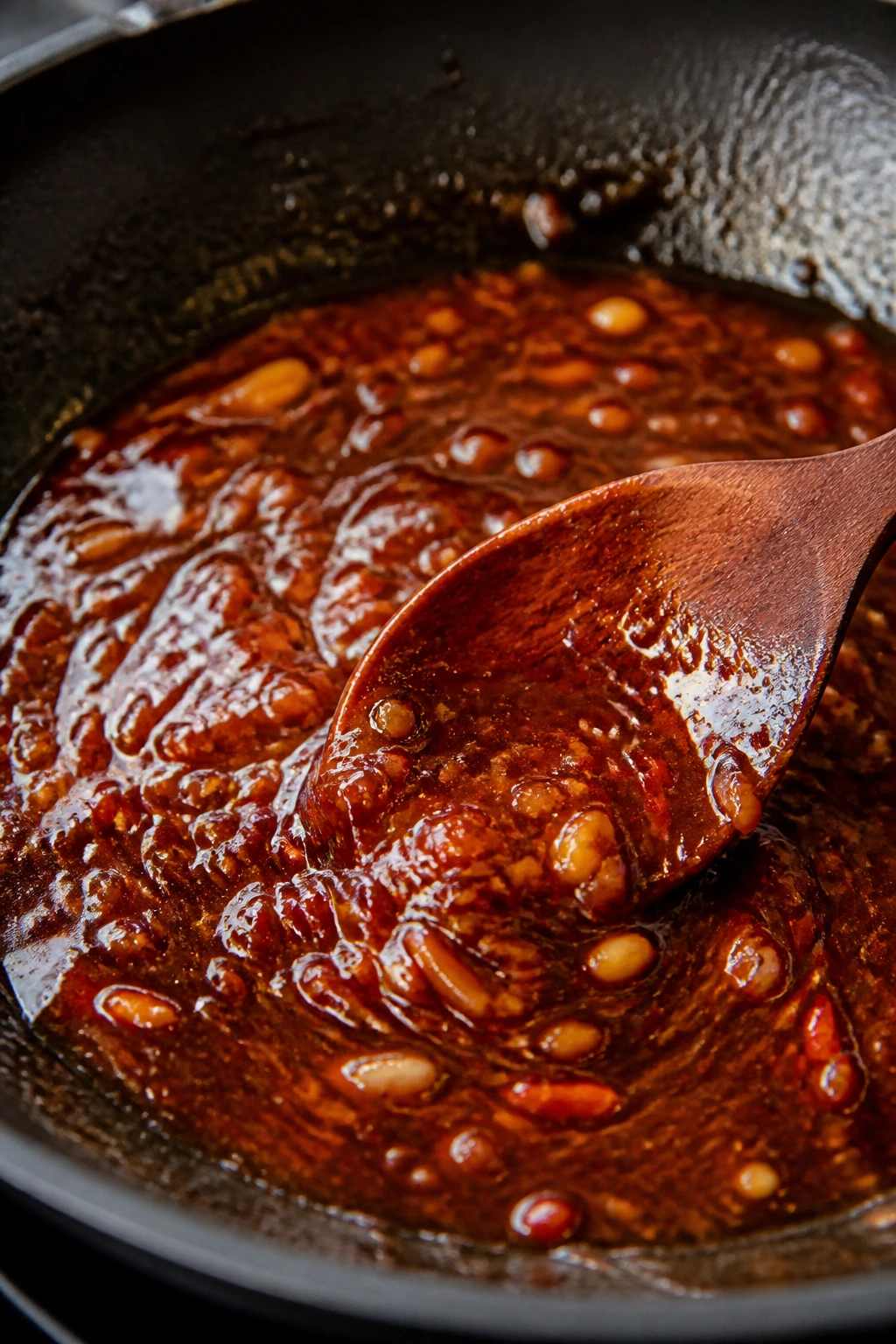 Close-up of glossy pan sauce simmering in a skillet