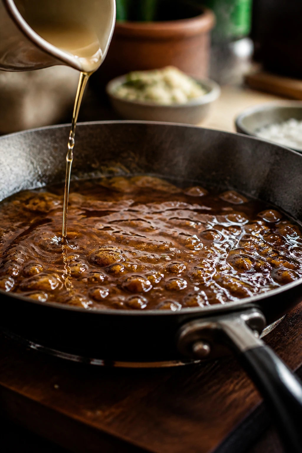 Close-up of glossy braising sauce in a skillet with a drizzle of rice vinegar
