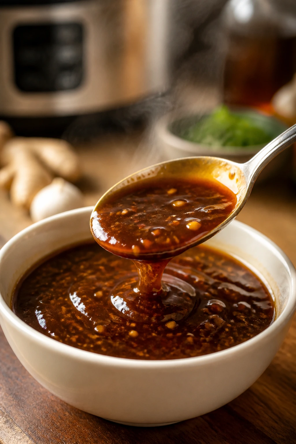 Glossy thick sauce in a small bowl with a spoon showcasing sheen.