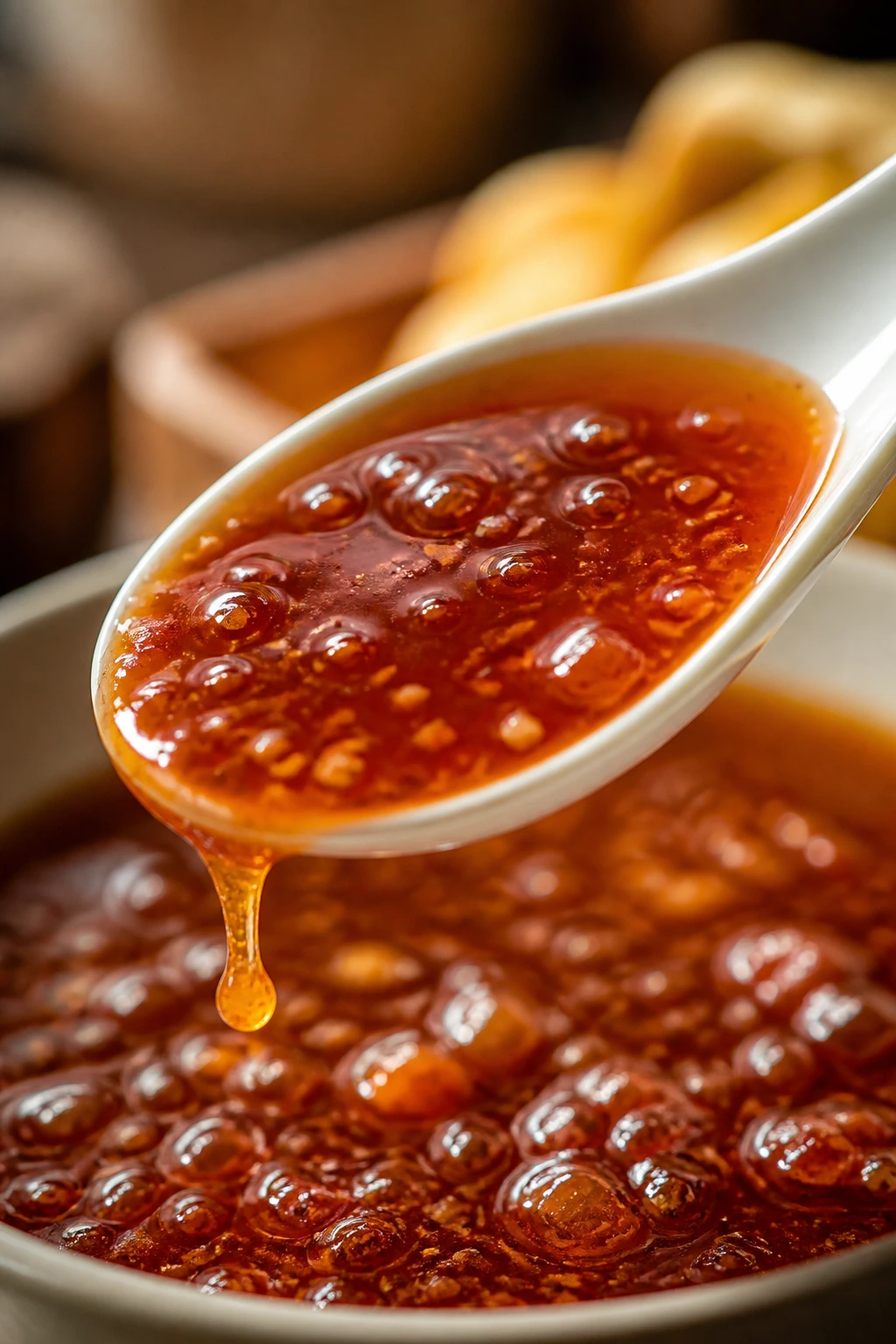 Glossy Korean sweet and sour sauce on a spoon in a warm kitchen