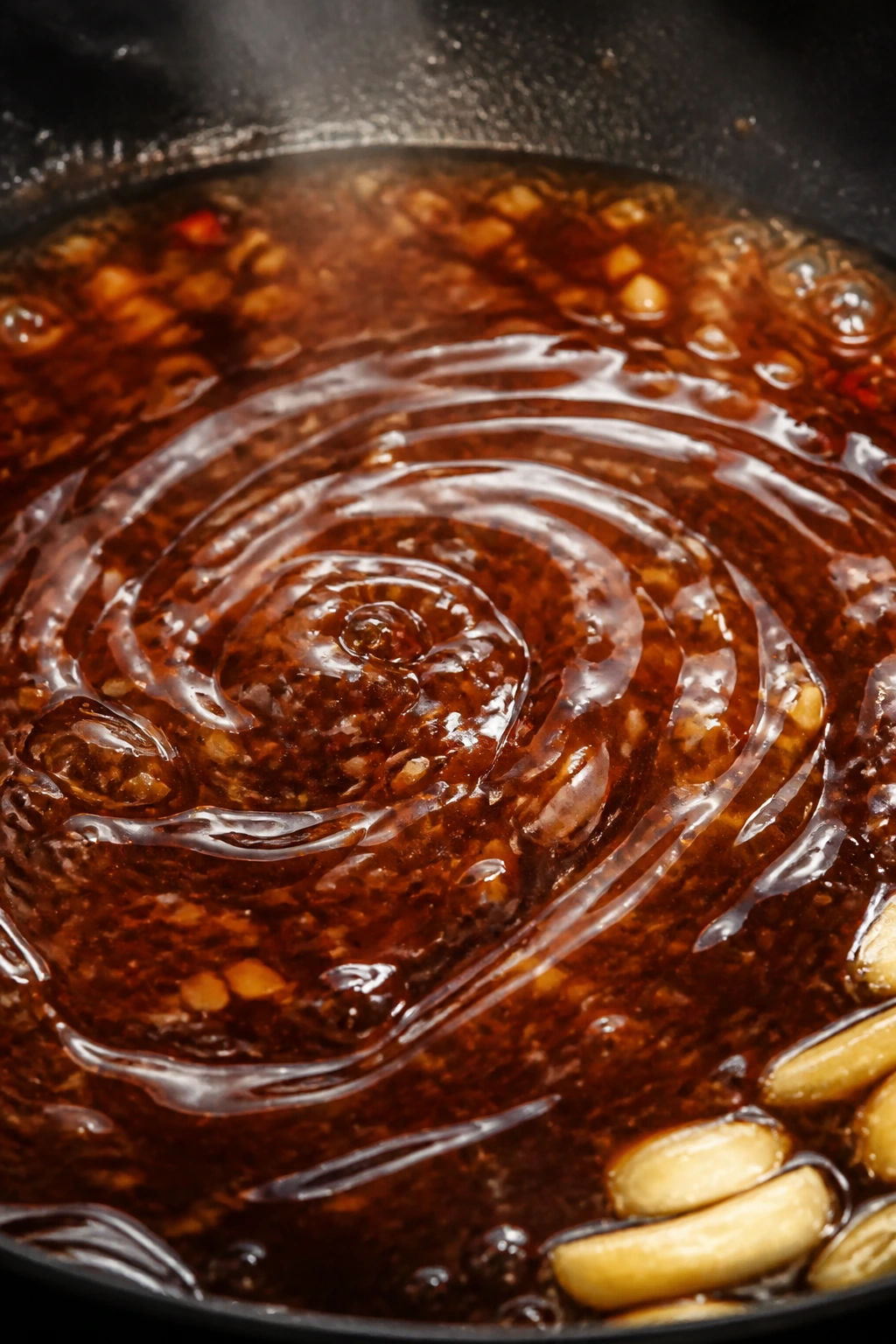 Glossy stir-fry sauce swirled in a pan with garlic and ginger nearby