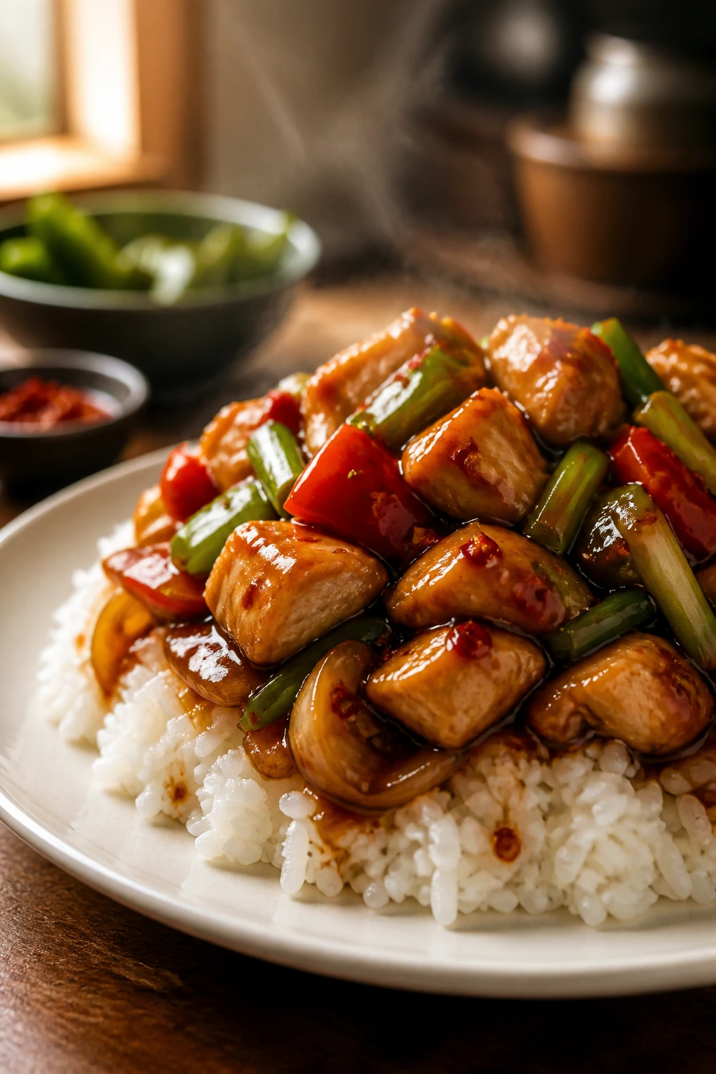 Close-up of glossy sauce on stir-fry over jasmine rice in a cozy kitchen