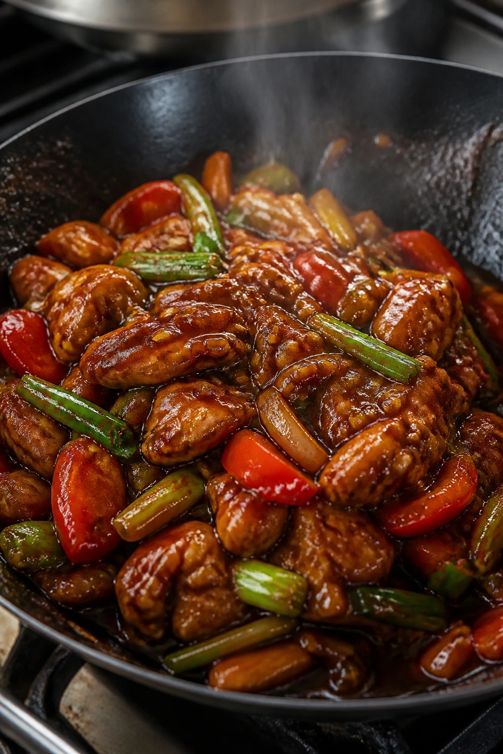 Glossy, rich-looking stir-fry sauce clinging to chicken and vegetables