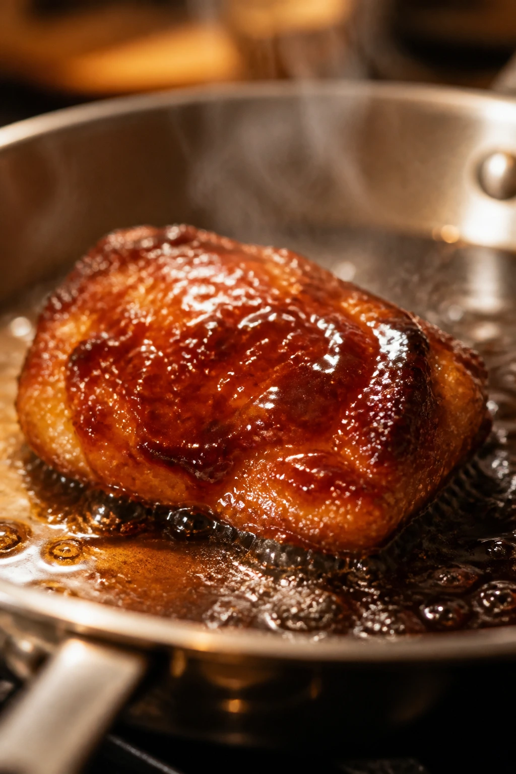 Close-up of glossy teriyaki glaze on chicken in a skillet