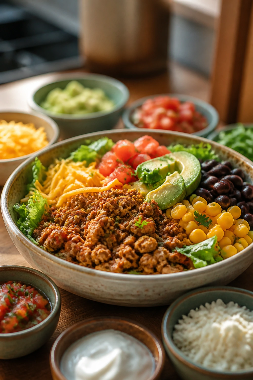 Close-up of a colorful turkey taco bowl with toppings on a bright kitchen counter