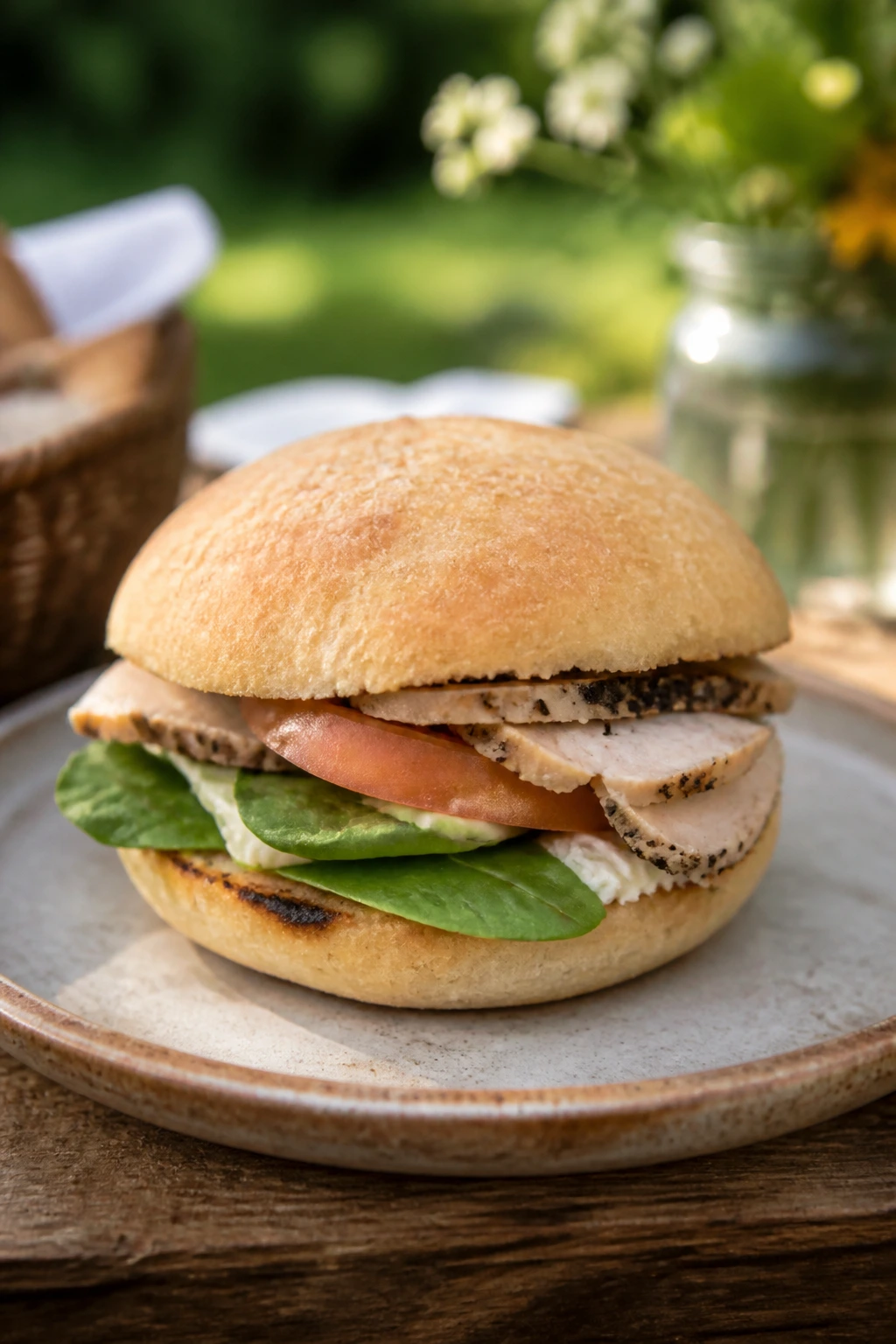 Gluten-free sandwich bun on a rustic plate ready for a picnic.