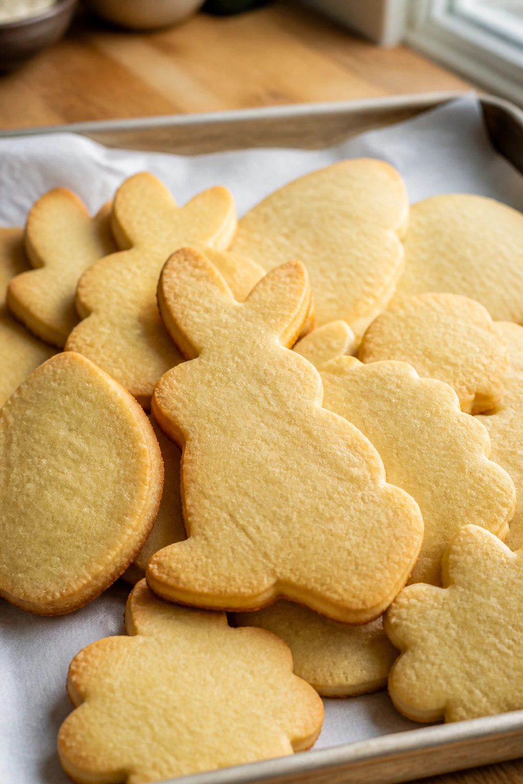 Close-up of gluten-free almond flour sugar cookies on parchment, warm kitchen light