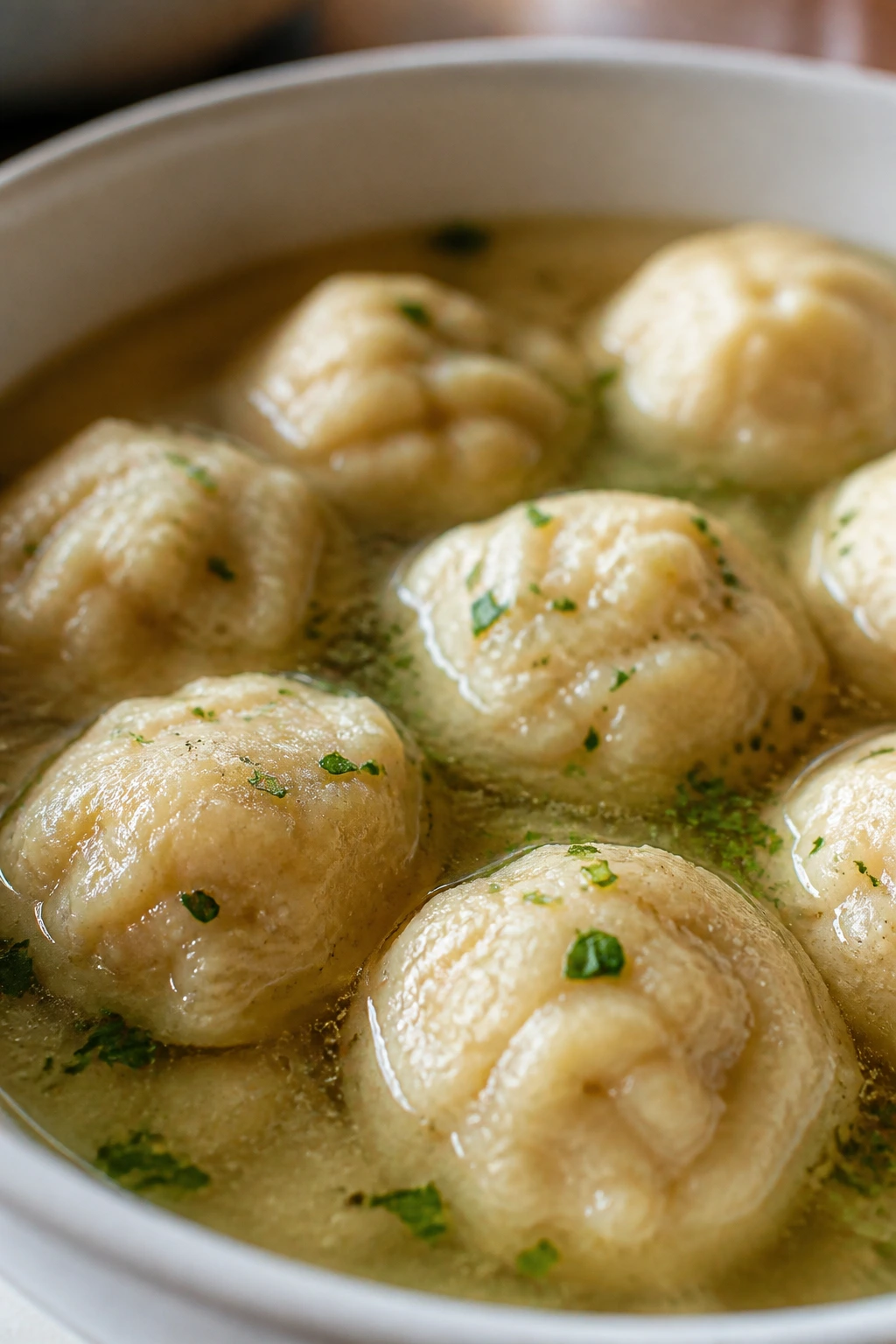 Close-up of almond flour dumplings in broth