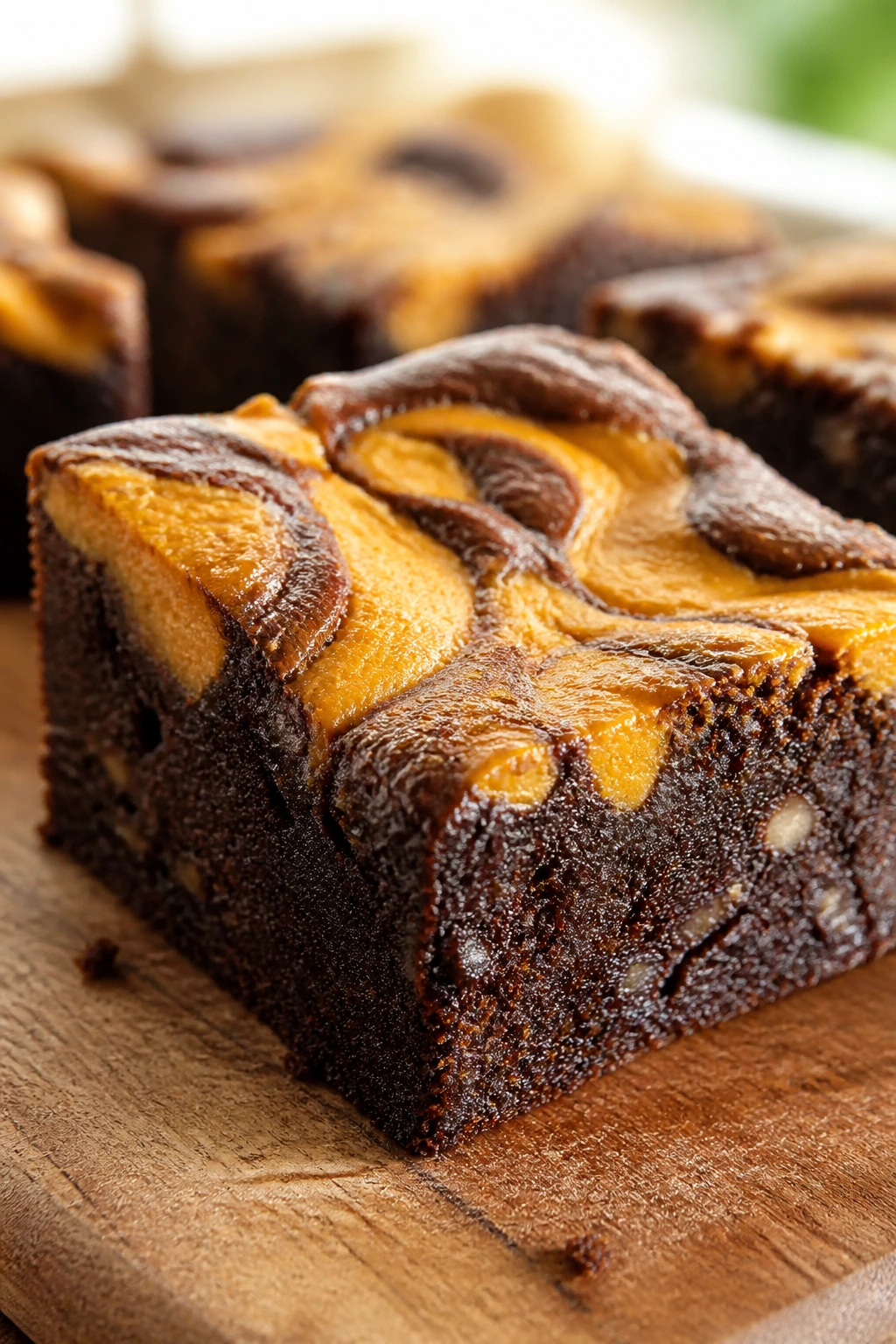 Close-up of gluten-free almond pumpkin swirl brownie with almond crumb